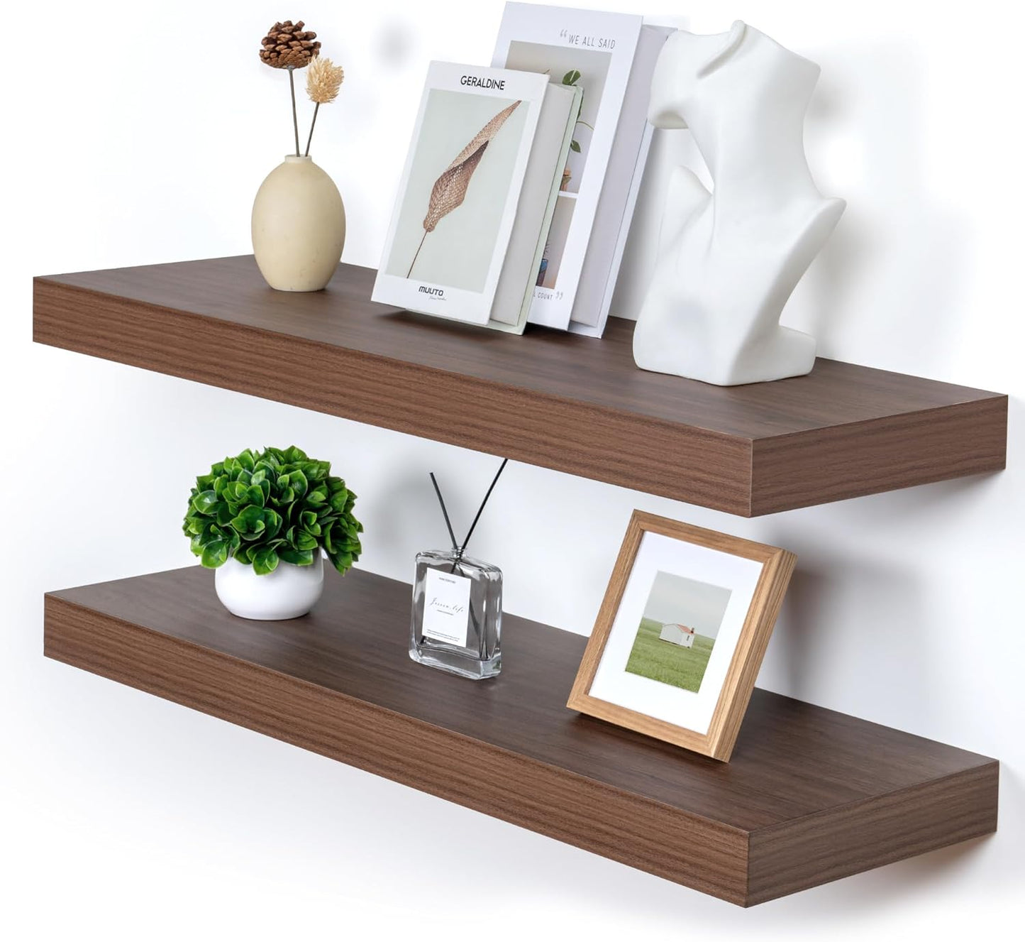 Deep Floating Shelves for Wall, 36'' x 12'' Rustic Large Floating Shelves Set of 2, 12 Inch Deep Walnut Wood Wall Shelves for Living Room Bathroom Laundry Room Bedroom Kitchen Home Office - Walnut