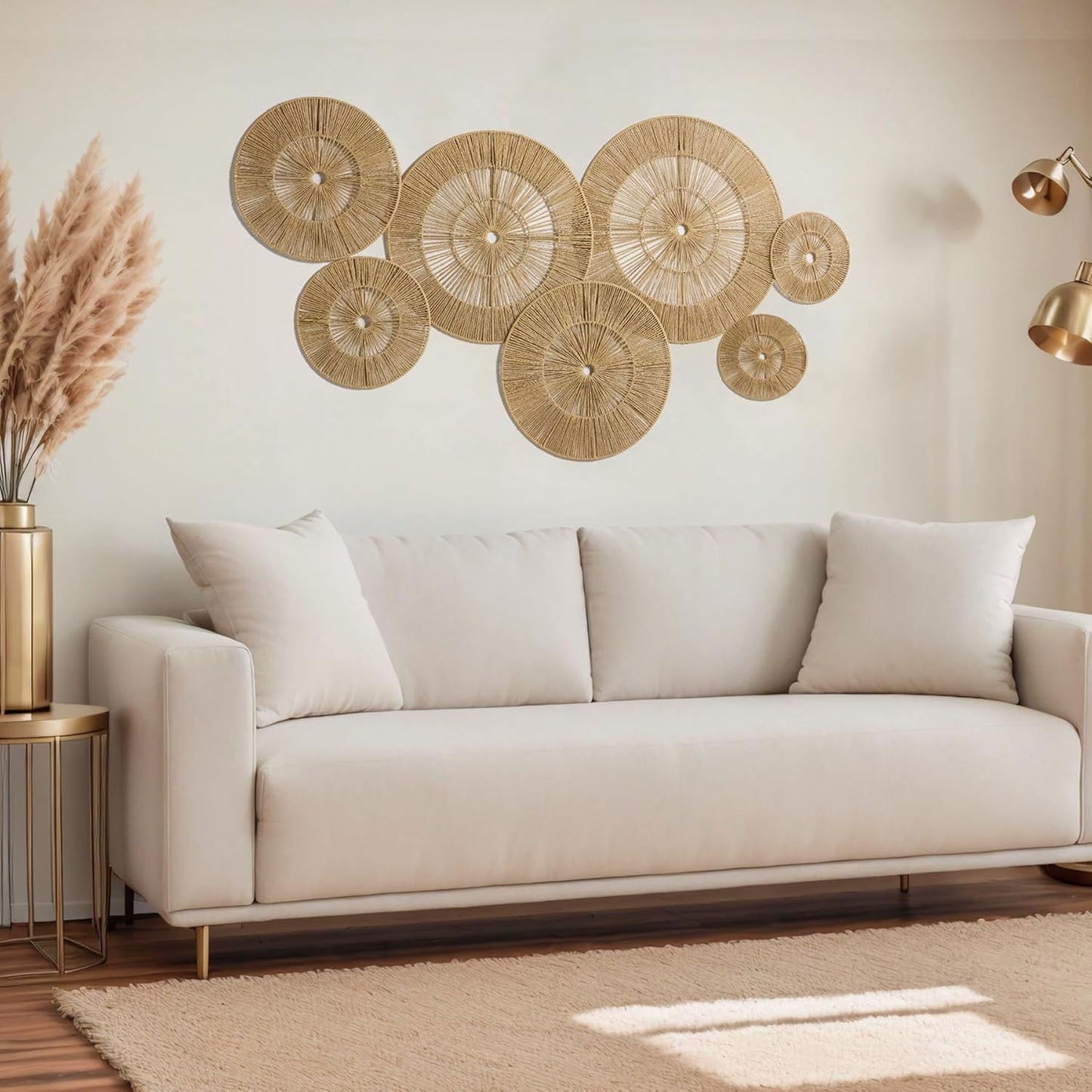 Mokof 7 Pack Boho Wall Decor Round Baskets Set (Small 7" to Largest 17") - Handwoven Large Wall Hanging Art for Bedroom, Living Room, Home Office