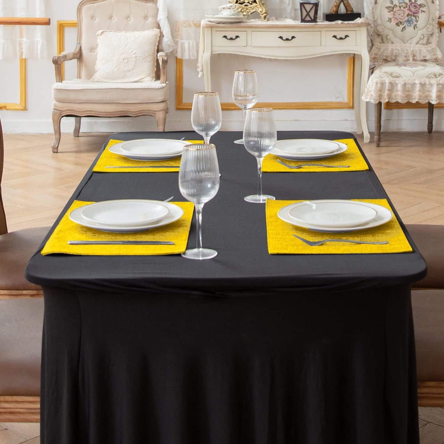 Cloth Placemats Set of 8, Linen Type Fabric Placemats Machine Washable Heat Resistant Placemats Wrinkle Free Thick Polyester Kitchen Place Mats for Dining Table (Yellow)