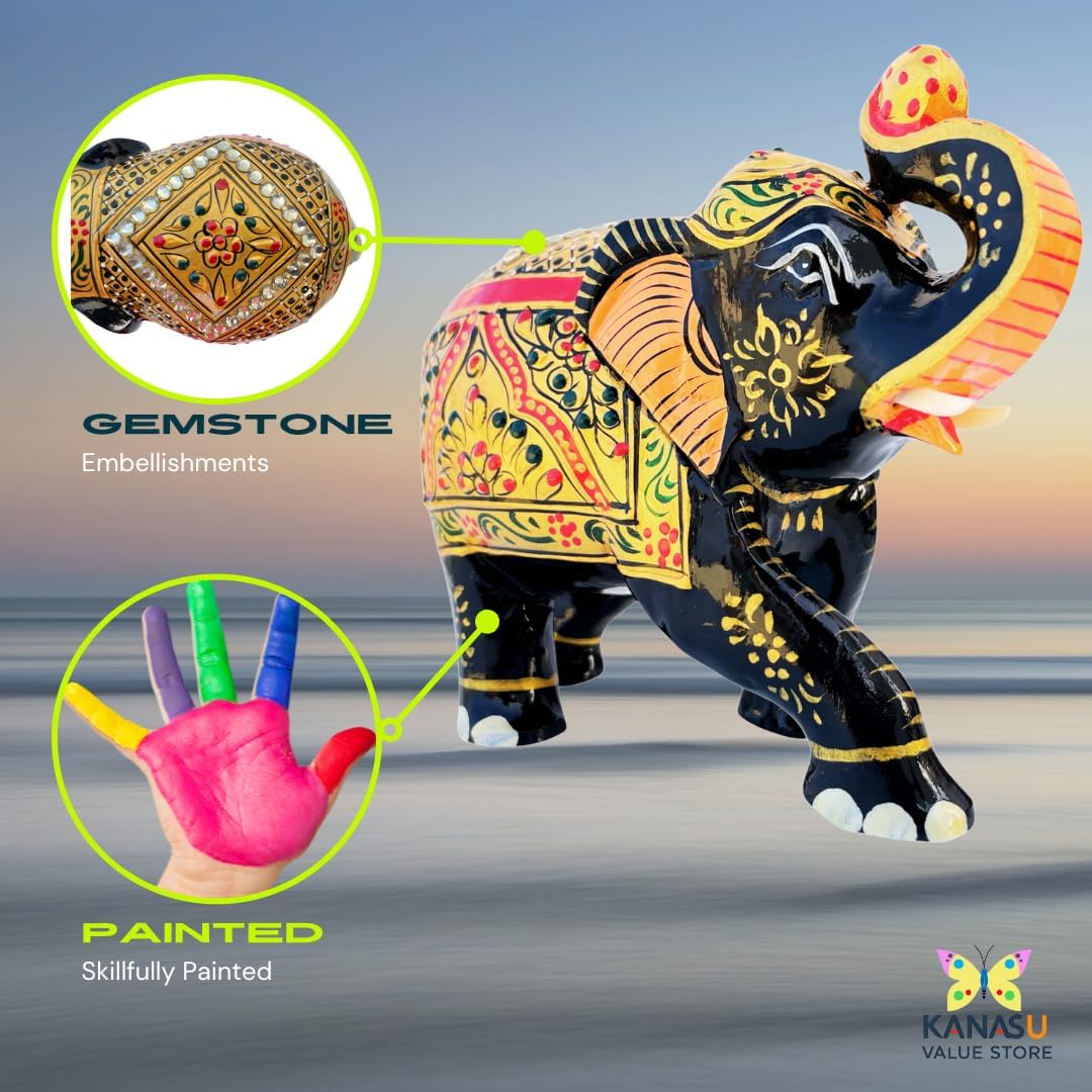 Handcrafted Wooden Elephant Figurine – Traditional Artwork, Gold & Gemstone Embellishments – Lucky Decorative Elephant Statue for Prosperity | Beautiful Elefantes Decorativos para Sala (Black & Gold)