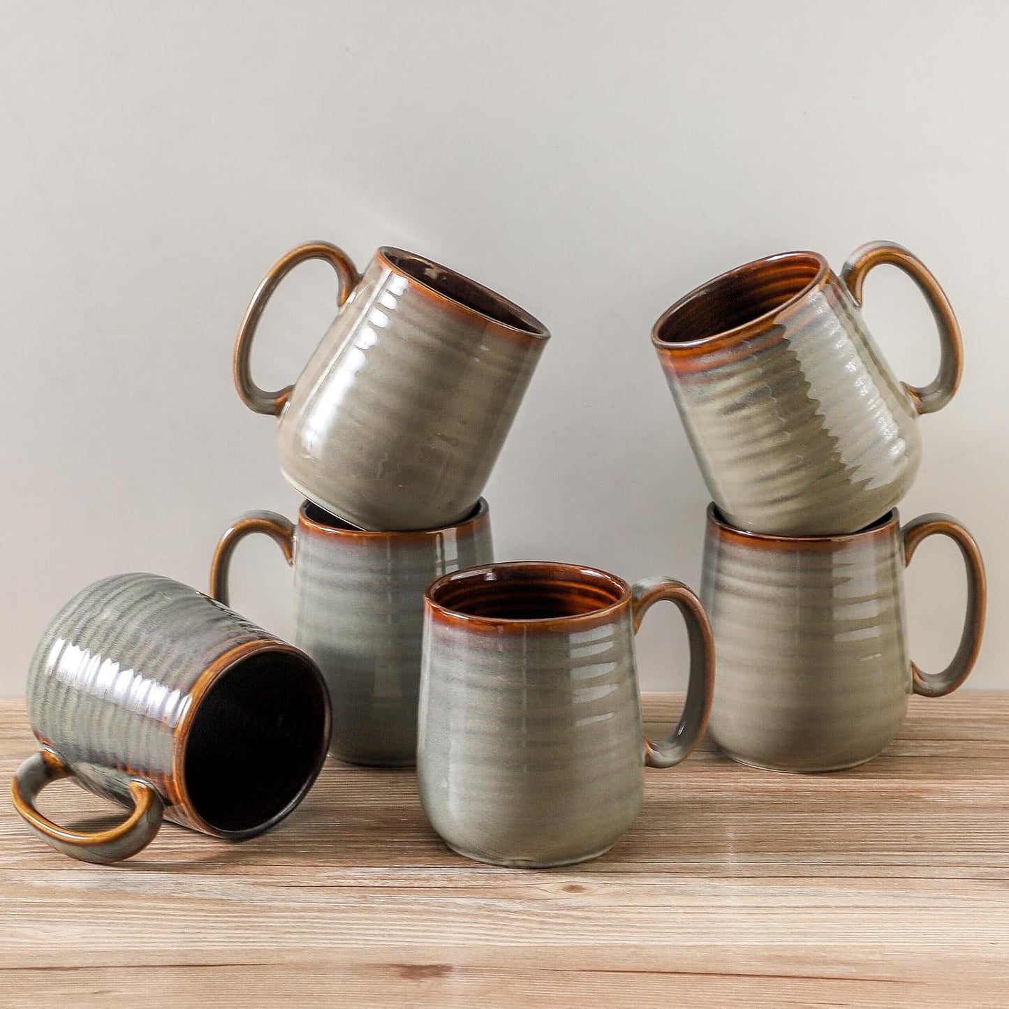 Hasense 12 oz Coffee Mugs, Ceramic Coffee Cups Set of 6, Stoneware Latte Mug with Large Handle for Coffee, Tea, Milk and Chocolate, Easy Hold & Clean, Dishwasher & Microwave Safe, Light Grey