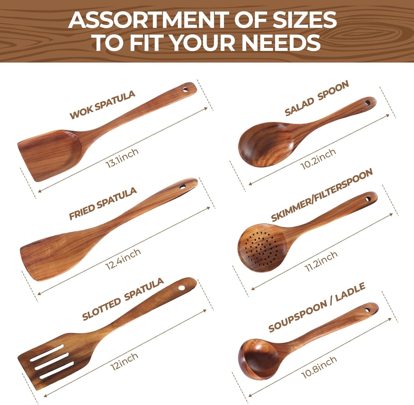 AIUHI Nonstick Natural Wooden Kitchen Utensils Set, Smooth Finish Teak Wood Spoons for Cooking, Comfortable Grip Spatula for Elaborate Cooking 6Pcs