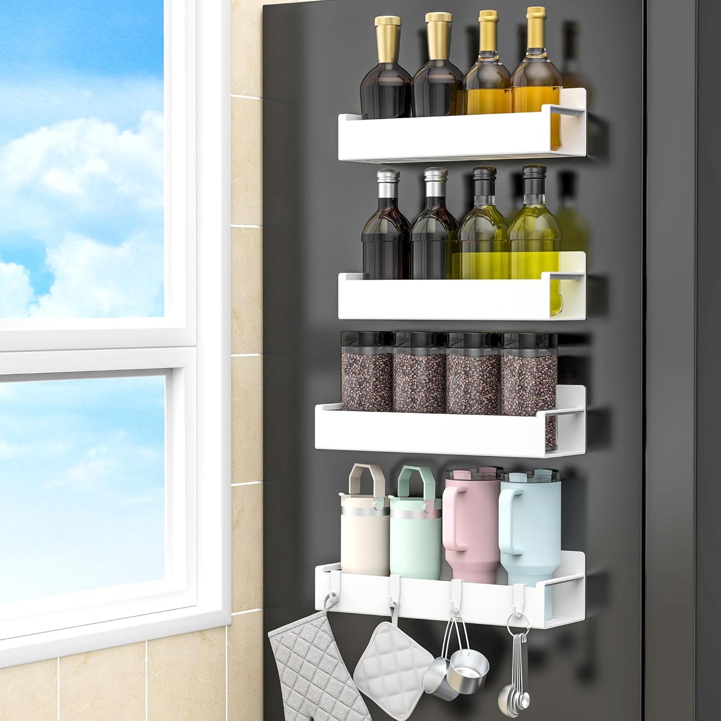 4 Pack Magnetic Spice Rack Organizer for Refrigerator and Oven, White Fridge Organizers and Storage for Kitchen