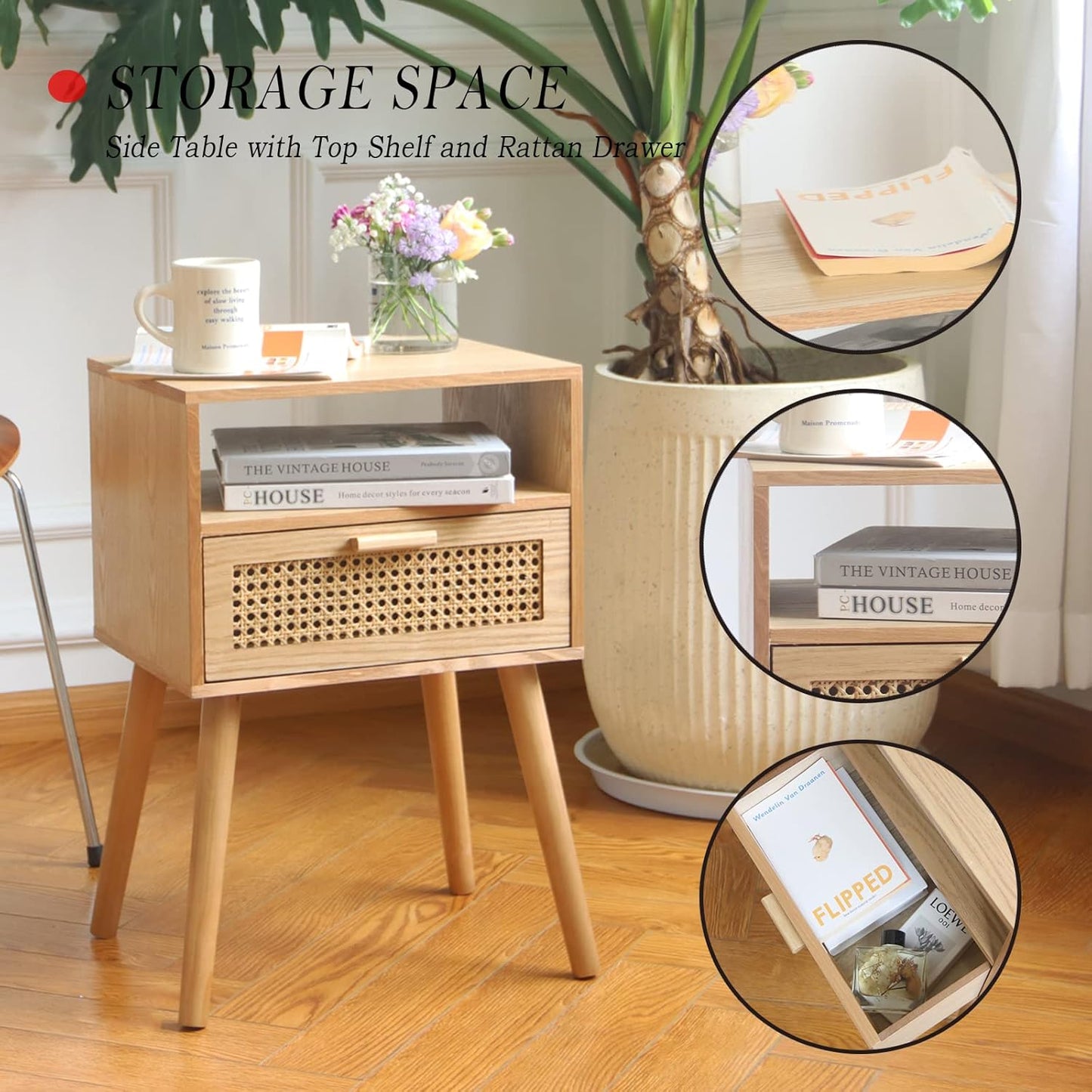 MaxSmeo Modern Nightstand Rattan Side End Table with Storage, for Living Room, Bedroom and Small Spaces, Accent Bedside Farmhouse Tables with Solid Wood Legs, Easy Assembly (Natural Walnut)