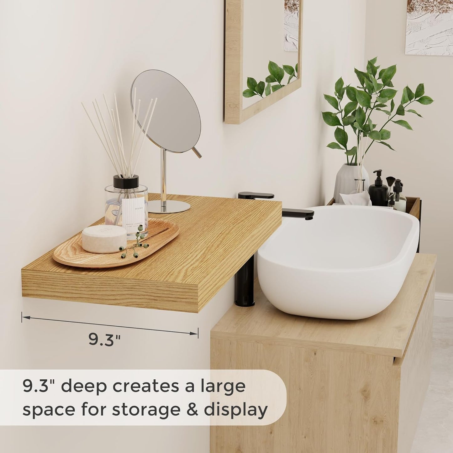 Fun Memories 16 Floating Shelves for Wall, 9 Inch Deep Floating Shelf for Bathroom, Rustic 16 x 9 Floating Shelf for Kitchen, Bedroom, Wide Wooden Shelves Wall Mounted, Oak Color, Set of 2