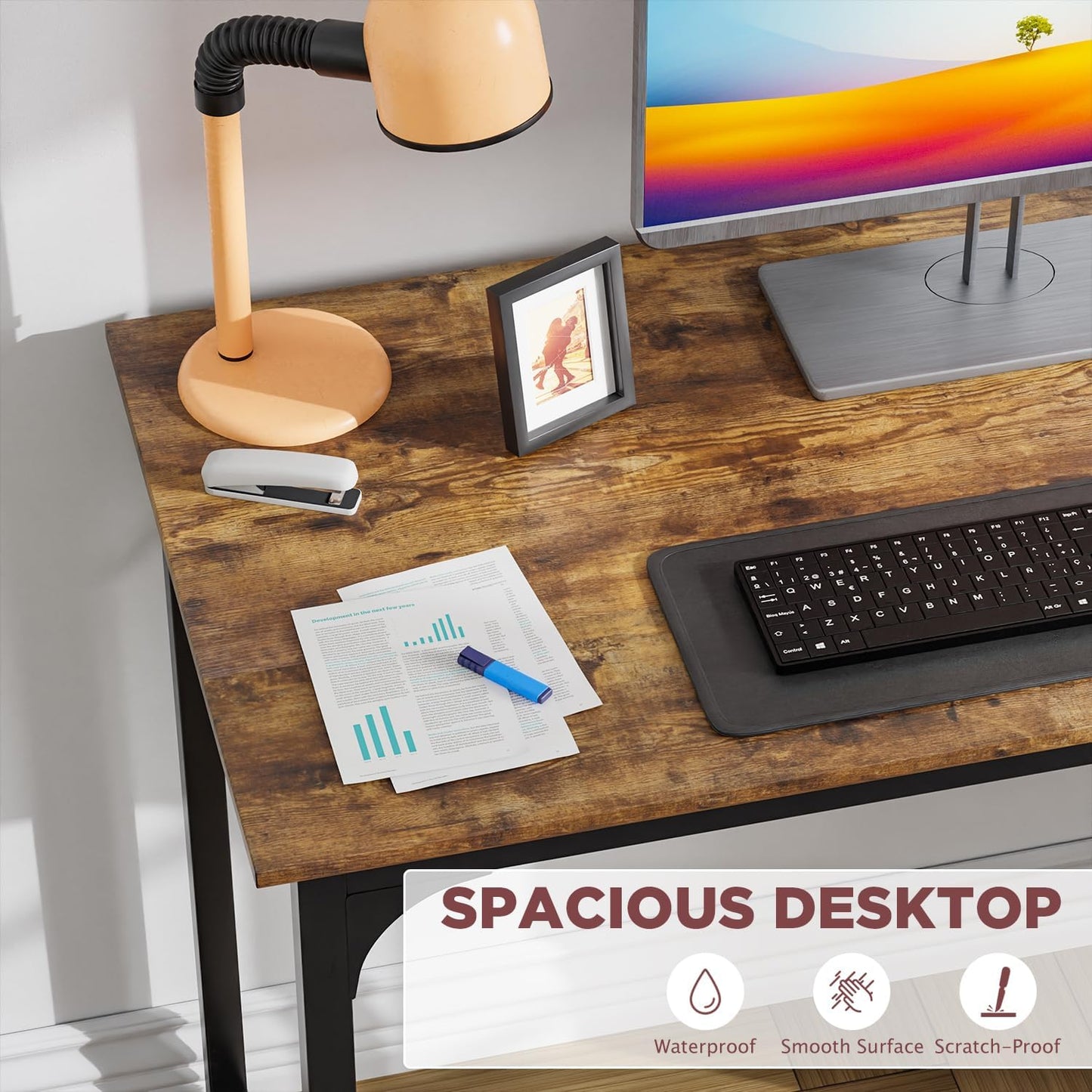 PayLessHere | 39 Inch Computer Desk | Brown | Office Desk with Metal Frame, Adjustable Feet | Water-Resistant, Scratchproof Surface | Sturdy Writing Table for Home Office or Study | Pack of 1