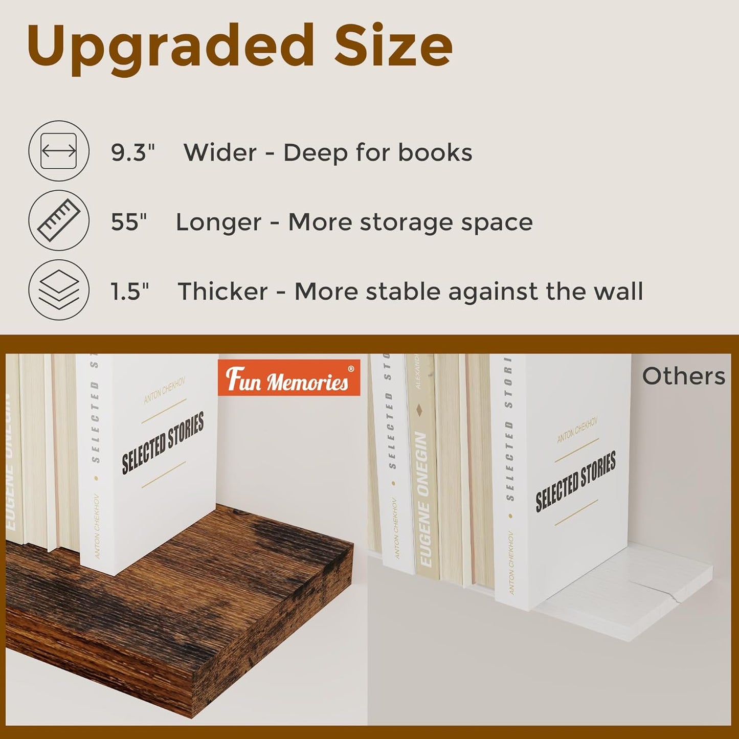 55 Inch Floating Shelves Set of 2, Rustic 55 x 9 Floating Shelf for Wall, 9 Inch Deep Wall Shelves Invisible Bracket, Large Deep Shelving for Bedroom, Kicten, Living Room, Rustic Brown Color