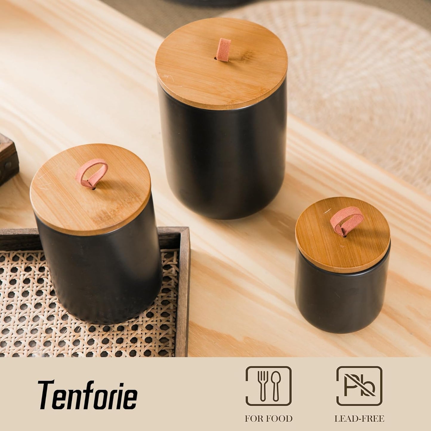 Black Canister Sets for Kitchen, 3pcs Ceramic Canisters with Airtight Wooden Lid, Food Storage Jar, Large Kitchen Storage Containers for Serving Coffee Beans, Tea, Sugar, Salt, Spices