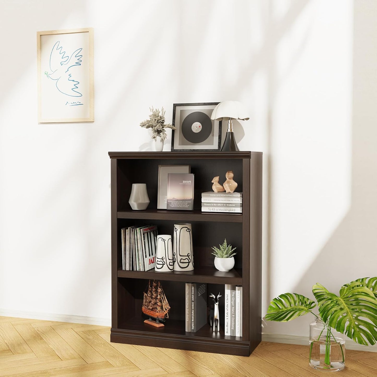 43 in Tall Bookcase, 3-Tier Bookshelf Open Storage, 33 inch Wide Floor Standing Indoor Furniture, Book Cases for Home School Library Office Bedroom Kids, Dark Cherry 3 Tiers