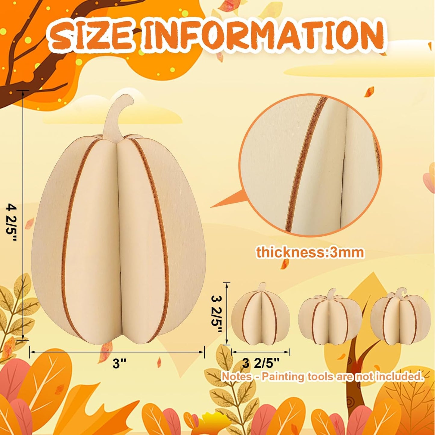 COCHIE DIY Fall 3D Pumpkins Wood Crafts to Paint for Kids Adults, Paintable Unfinished Wooden Slices for Craft, Pumpkin Cutouts Ornaments for Painting Decorations (24 PCS)