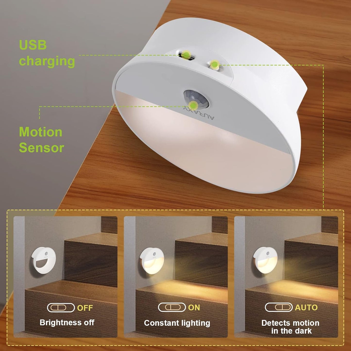Rechargeable Battery Night Light, Motion Sensor Night Light, LED Warm White Magnetic Stick-on Motion Sensored Hallway Light, with Dusk to Dawn Sensor for Stairs, Wall, Closet, Cabinet (3 Pack)