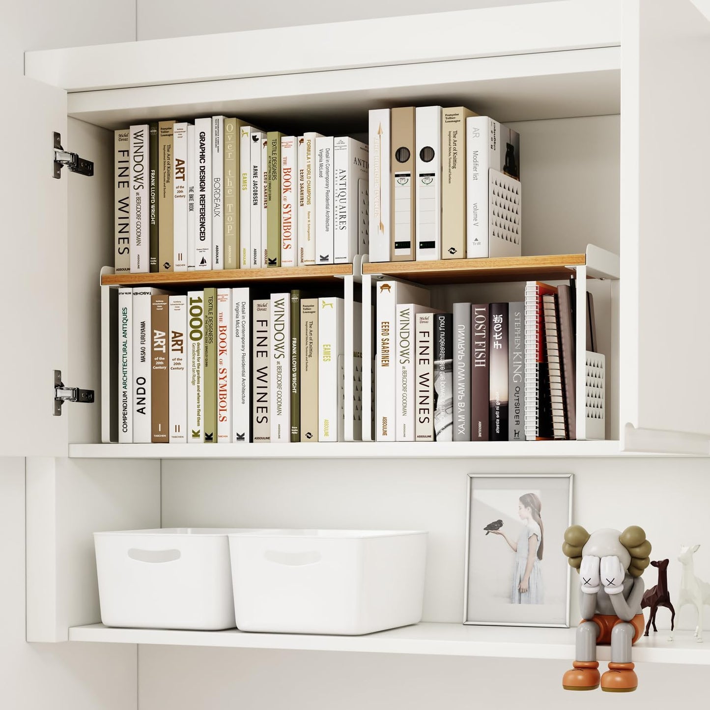 Mitus Shelf Organizer and Storage, Stackable Tiered Wood Cabinet Rack for Countertops, Desktops, Cabinets (Set of 2) 16" Wide Natural Oak and White