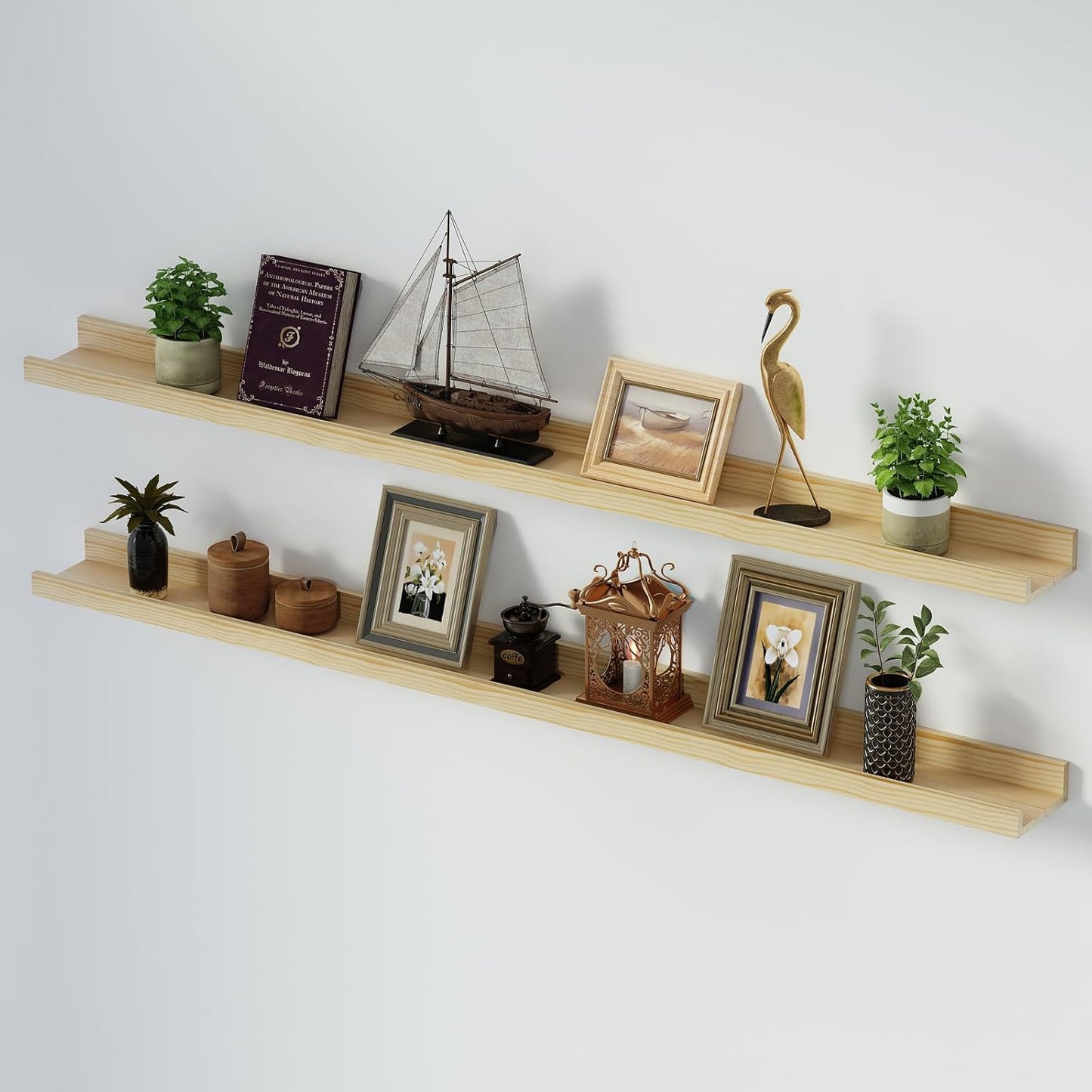 SAUMONIERES Picture Ledge Shelf Floating Book Shelves Set of 2 Wall Mounted Solid Wood for Bedroom Bathroom Living Room Kitchen, 55 Inch Natural