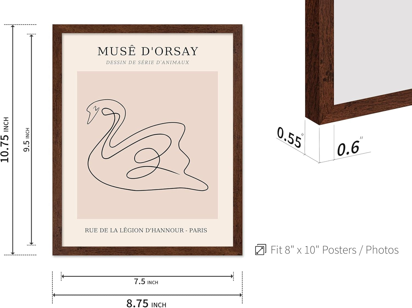 Poster Master Vintage Poster - Retro One Line Swan Drawing Print - Swan Art - Bird Art - Minimal Gift for Her, Animal Lover - Abstract Decor for Home, Office, Bedroom, 8x10 Brown Framed