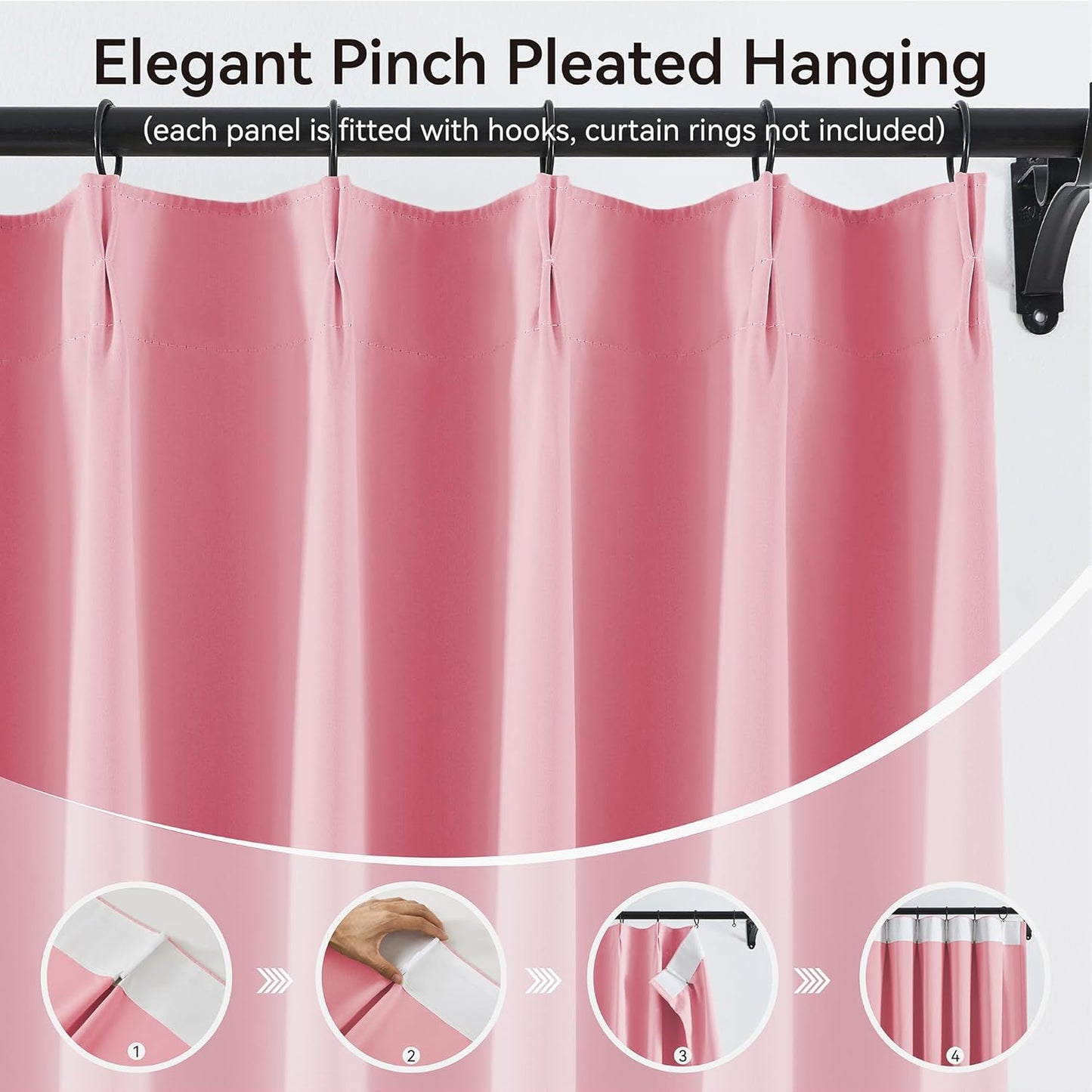 KangBang Pink Long Curtains 120 Inches Long, Pinch Pleat Blackout Curtains for Living Room Soundproof Sliding Door Aesthetic Window Panels for Traverse Rod with Hooks,2 PCs,40Wx120L