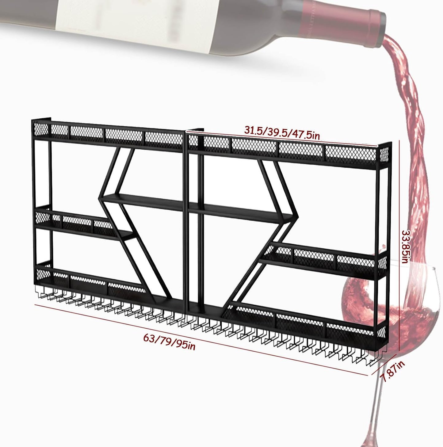 Wall Mounted Wine Rack with Glass Holder, 3-Tier Metal Storage Shelf, Black Diamond Design, Wine Bottle Display with Stemware Storage (Black, 47.24in/Left)