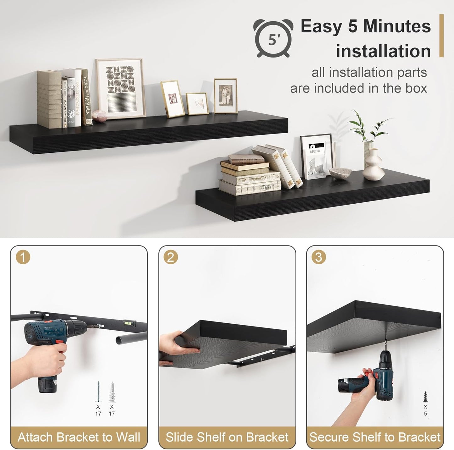 Heimlove 12" Deep Floating Shelves Black,Over Toilet Long Wall Mounted Modern Farmhouse 36 inches,Wall Shelves with Invisible Brackets for Bedroom, Bathroom, Living Room, Kitchen, Set of 1