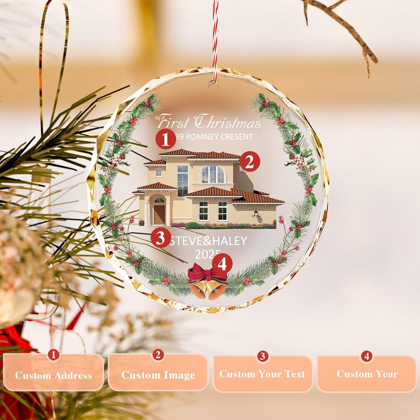 Bemaystar First Christmas in New Home Ornaments 2025–Personalized Crystal Ornament with Photo and Address–Custom Housewarming Gift Keepsake–Christmas Tree Decoration for Couples or Families
