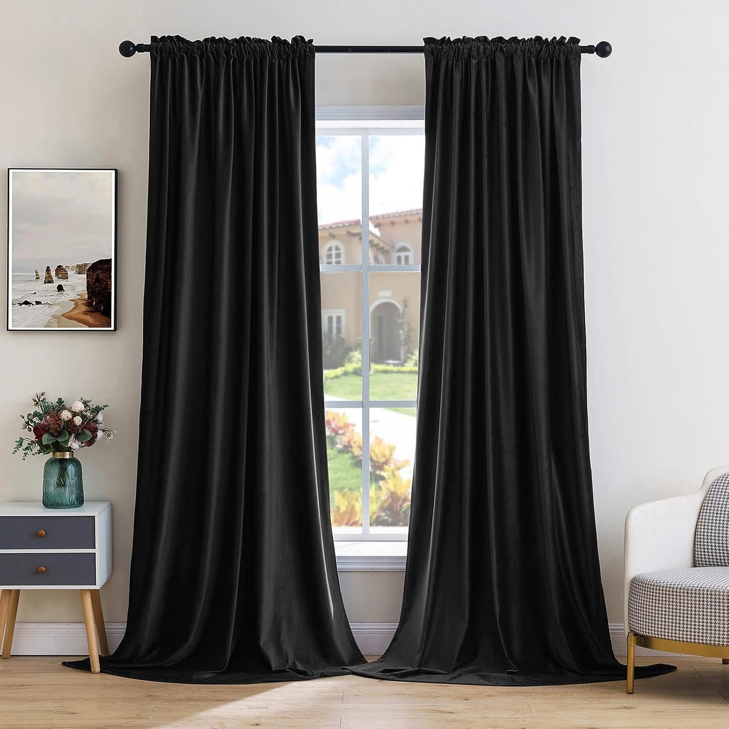 MIULEE Black Velvet Curtains Thermal Insulated Blackout Halloween Curtain Drapes for Bedroom Living Room Darkening 84 Inches Long Curtains Panels Rod Pocket Set of 2