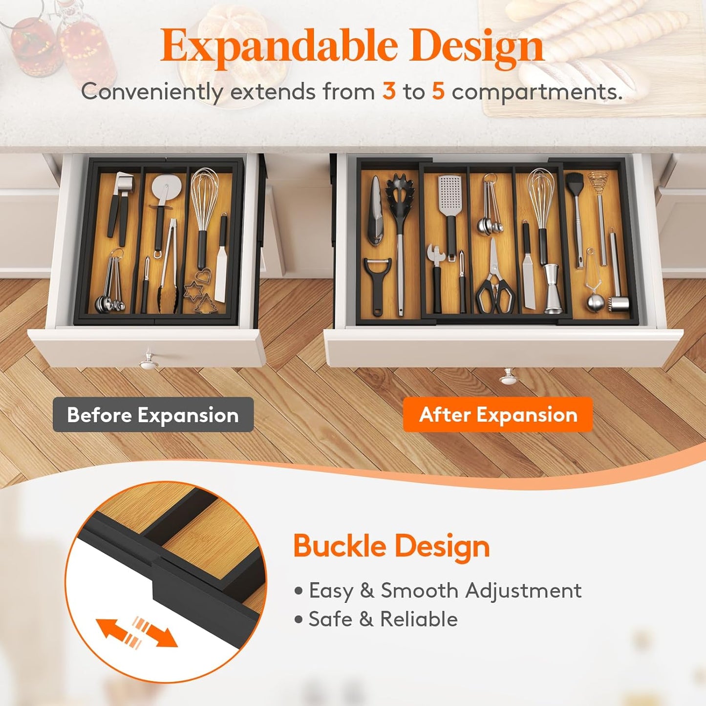 Lifewit Utensil Organizer for Kitchen Drawer, Bamboo Cooking Utensil Tray, Expandable Cutlery Silverware Flatware Holder, Adjustable Spatula Tools Gadgets Storage Divider, Large, Natural and Black