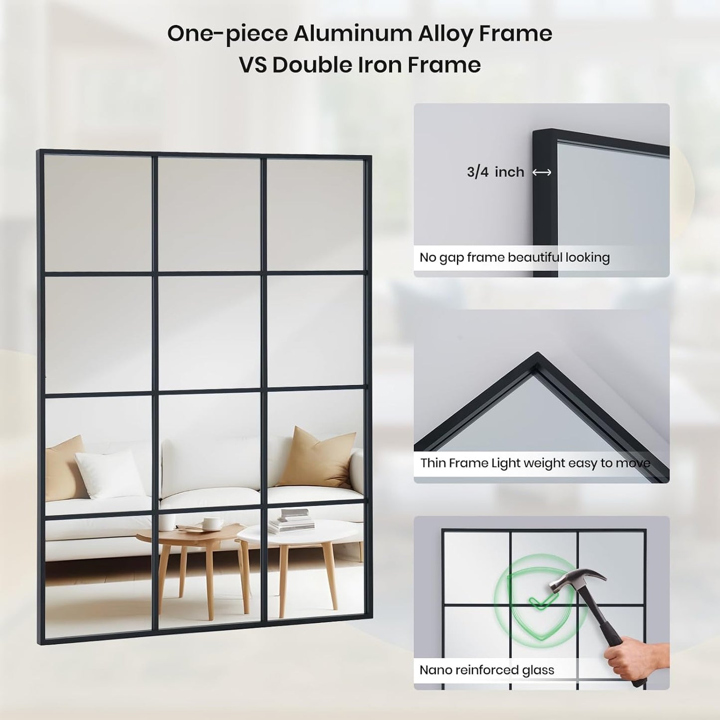 Windowpane Wall Mirror 24"x36" Black Wall Mounted Art Pane Mirror Farmhouse Decorative Mirror Leaning Hanging Wall Mirror for Bedroom Living Room Entrance Hallway Wall Decor