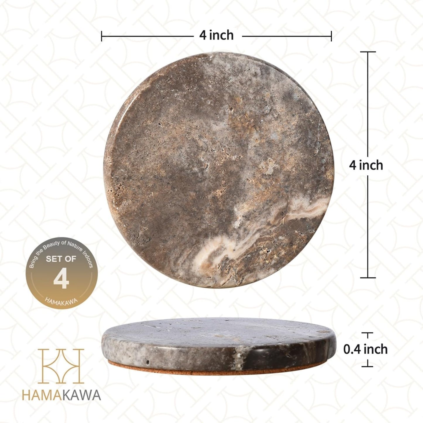 Marble Coasters Set of 4, Natural Gray Stone 4 Inch/10 cm, Modern Round Travertine Drink Coasters for Home Decor, Coffee Table, Office