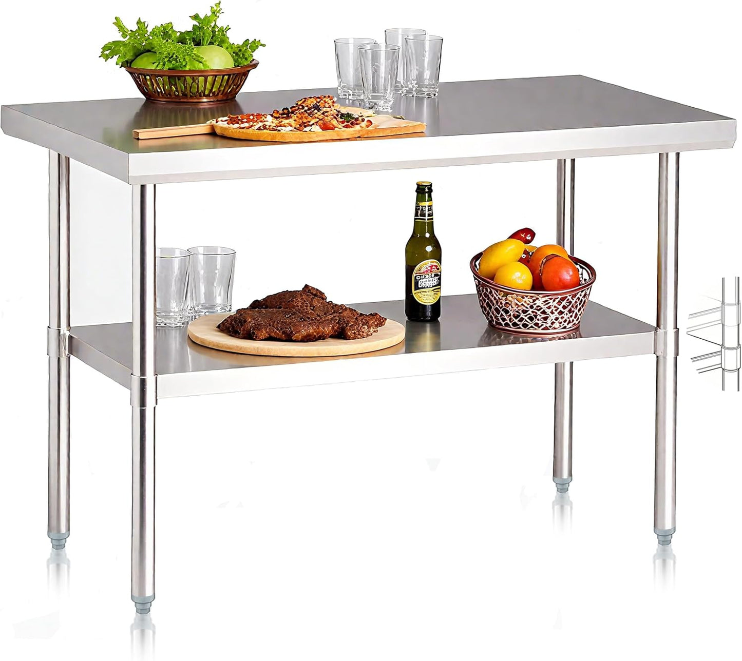 NUUK Stainless Steel Worktable 24 x 48 Inch Heavy Duty Commercial Workstation Adjustable Height Kitchen Food Prep Work Table for Restaurant, Home and Hotel