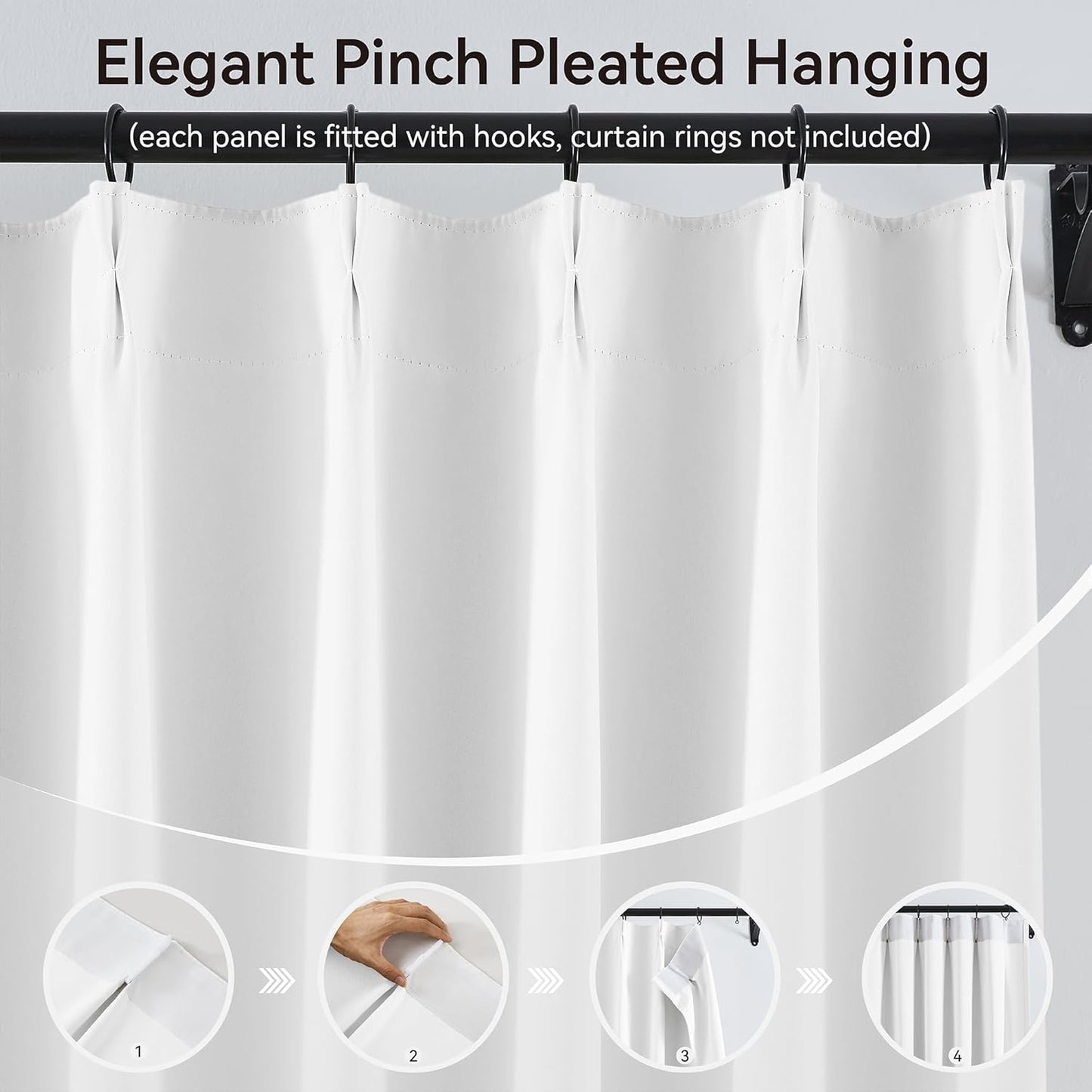 KangBang 2PCs White Pinch Pleat Wide Drapes for Sliding Door 60Wx105L Inches, Room Darkening Privacy Assured Polyester Curtains & Drapes Ceiling to Floor for Locker Room Living Room Basement