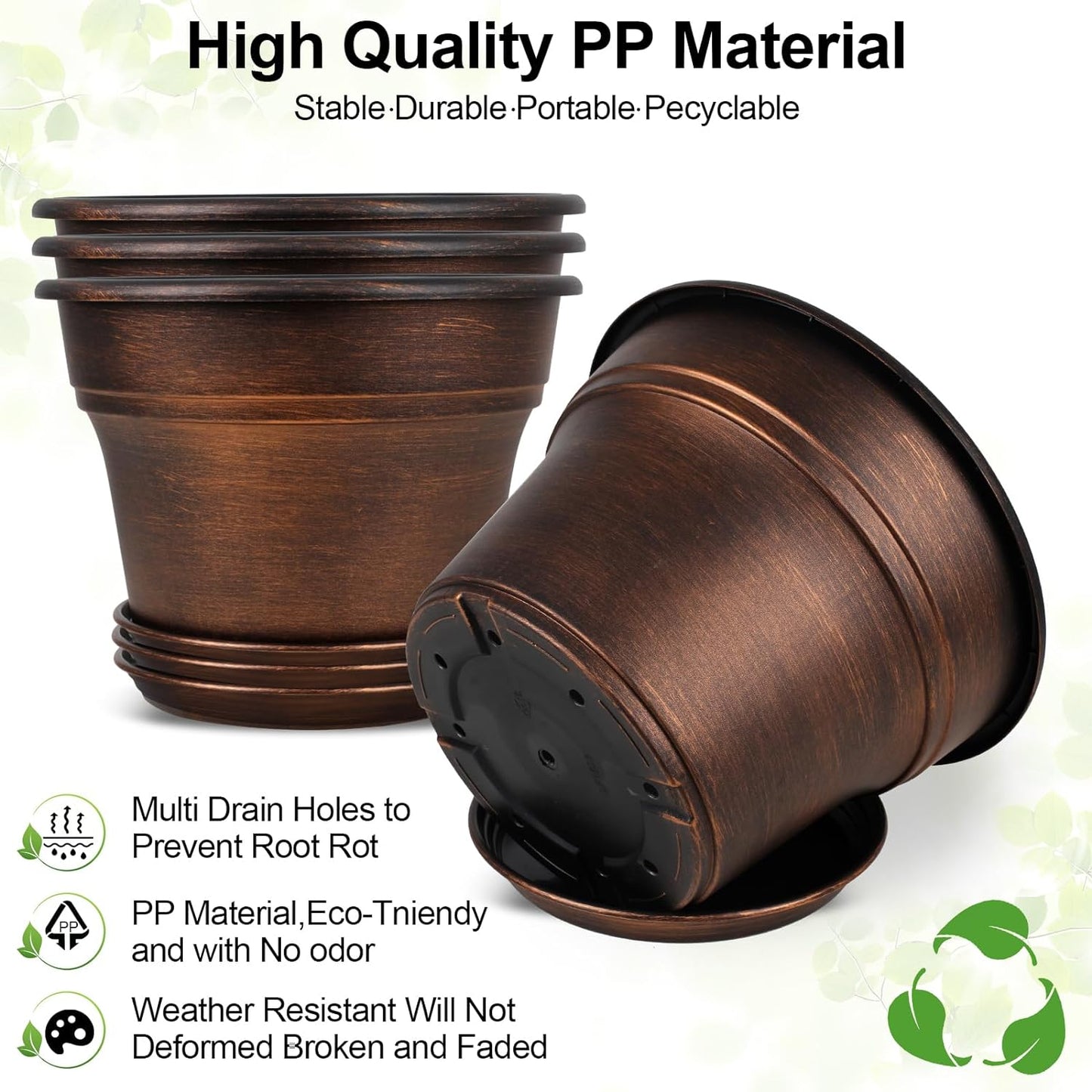 Plant Planters Pots Set of 6 Pack 6 Inch, Plastic Flower Pot for Indoor Plants with Drainage Holes & Trays, Resin Decorative Container Sets with Saucer for House Outdoor Garden Planters Dark Gold