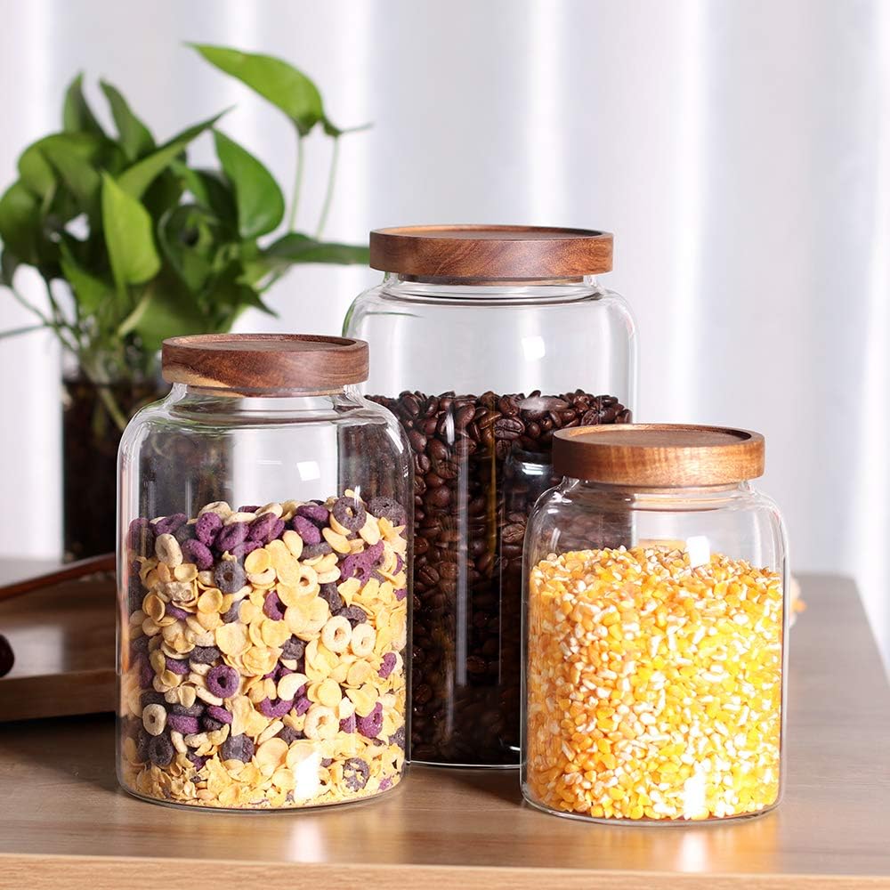 Glass Storage Jars with Airtight Lids, Set of 2 42 FL OZ (1250ml) coffee container with Wooden Lid, Glass Pantry Canister for Beans, Rice, Sugar and etc (6.3 inch high)