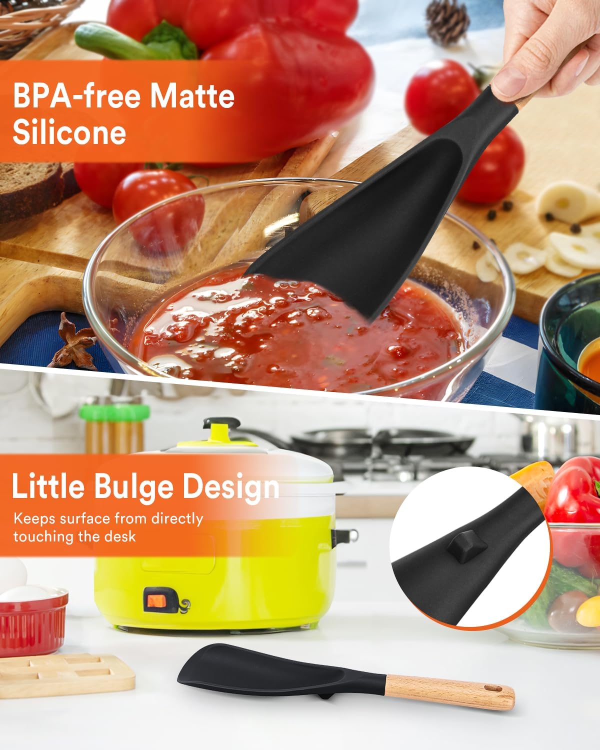 Cooking Spoon for Nonstick Cookwares, Great for Cooking and Serving Sturdy BPA-Free Matte Silicone, Wood Handle Spoon for Mixing, Scoop, and Scrape (2 Pack of Black, 11.4 inch)