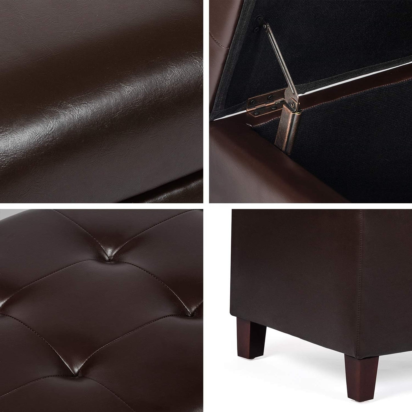 Asense Storage Ottoman Bench, Faux Leather Upholstered End of Bed Bench with Safety Hinge Wooden Legs, for Entryway Bedroom (Chocolate Brown, 33.3")