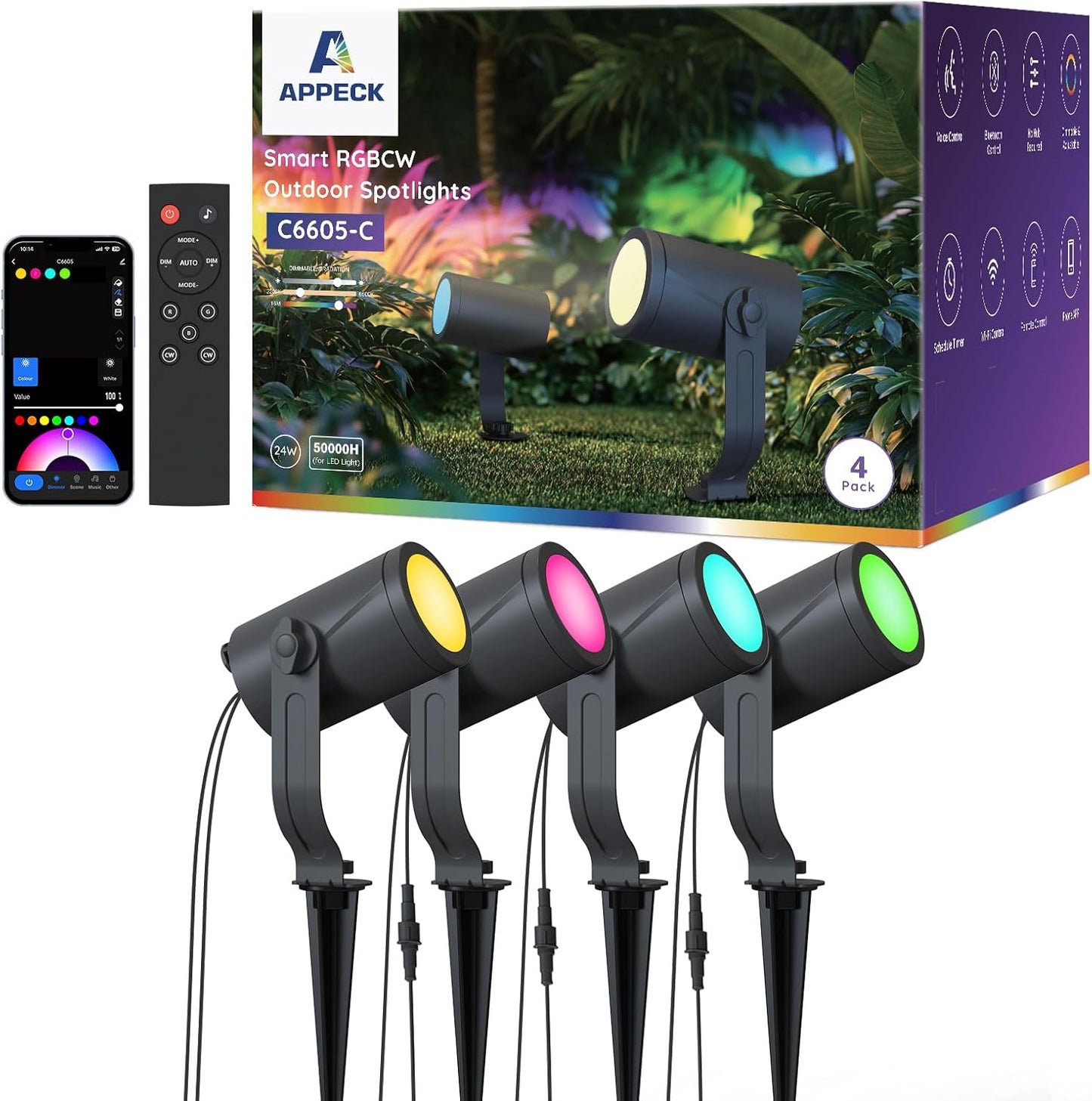 Smart Outdoor Spot Lights 24W, RGBCW Color Changing Landscape Lights 4 Pack, IP65 Waterproof Low Voltage Landscape Lighting, App/Voice/Remote Control, for Garden Yard Pathway Holiday Decor