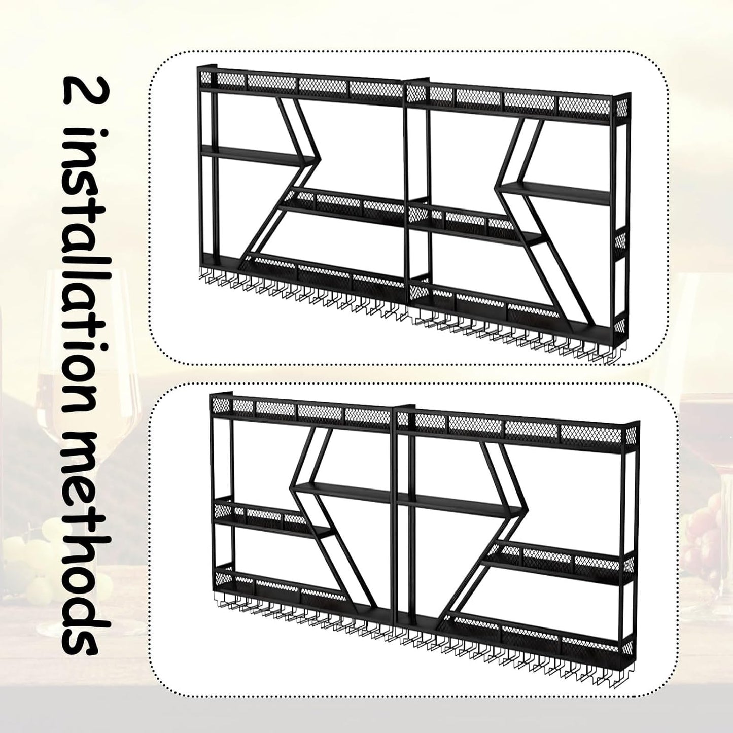 Wall Mounted Wine Rack with Glass Holder, 3-Tier Metal Storage Shelf, Black Diamond Design, Wine Bottle Display with Stemware Storage (Black, 47.24in/Right)