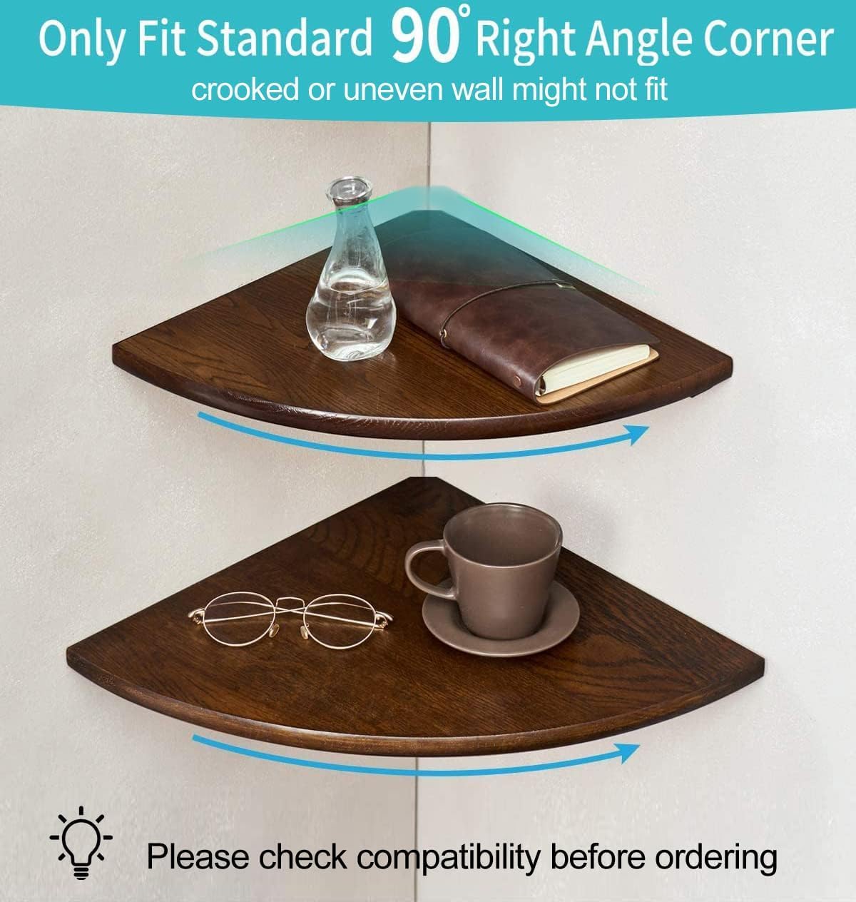 Corner Shelf,14inch Walnut Solid Wood Floating Corner Shelves Wall Mount Round End Floating Speaker Rack with Wire Hole for Small Plant for Bedroom Kitchen, Living Room
