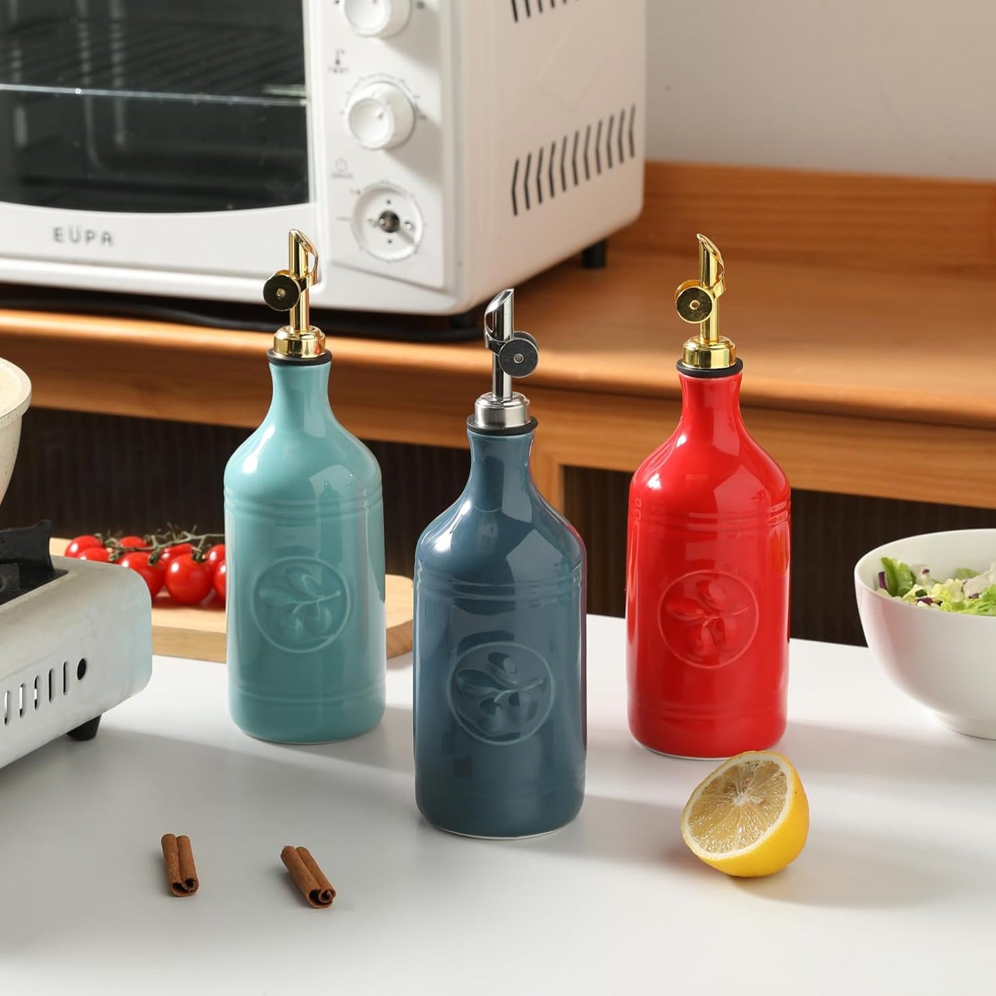 Sweejar 16 Oz Ceramic Olive Oil Dispenser Bottle, Oil Dispenser for Kitchen with Gravity Spout, Relief Opaque Oil Container for Evoo, Avocado Oil, Vinegar, Soy Sauce, 1 Pack(Fog Blue, Gold Spout)