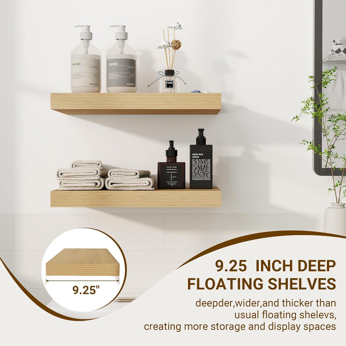 16 Inch Floating Shelves, 3D Textured Wood Grain, 16"x9.25"x1.5" Inch Deep Floating Shelves for Wall, Wooden Shelves for Bathroom, Bedroom, Living Room, Natural