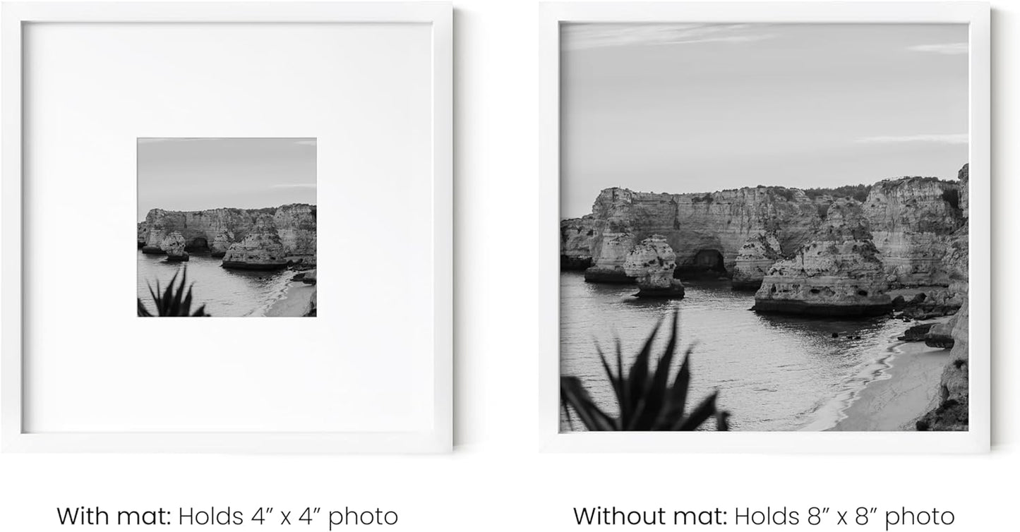HAUS AND HUES 8x8 White Metal Picture Frames Matted to 4x4 - Features Premium Aluminum & Hanging Hardware, Shatterproof Plexiglass - Ideal for Home, Room, Office (8x8 in, White, Set of 15)