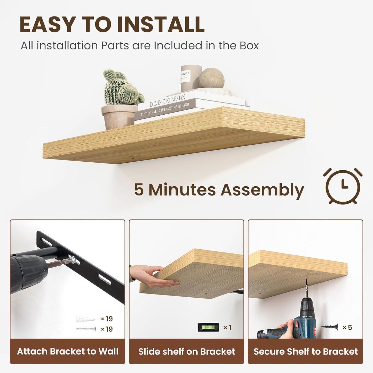 36 Inch Floating Shelves, 11.6 Inch Deep Floating Shelves for Wall, Floating Shelf with Invisible Brackets, Deep Shelves for Bathroom, Bedroom, Living Room, 2 Pack, Natural