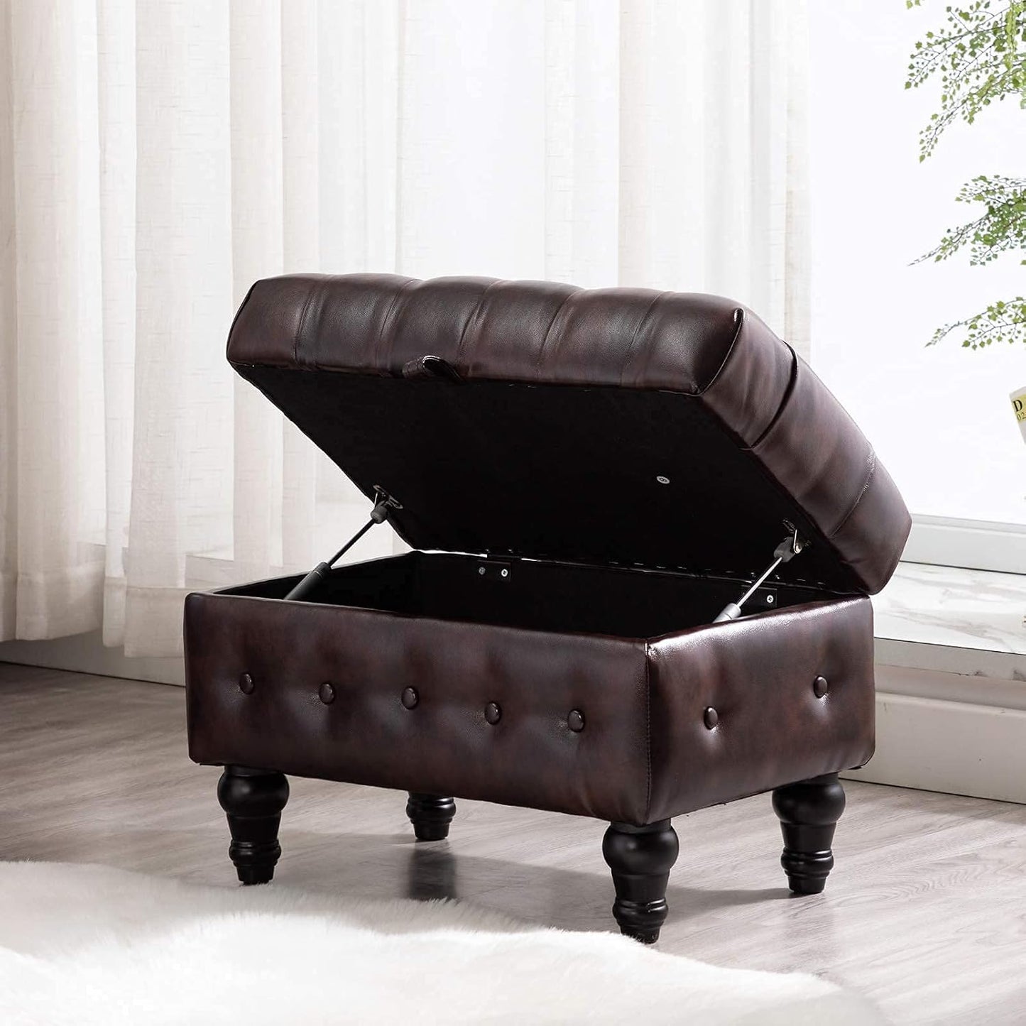 Artechworks Coffee Table Ottoman with Storage,Button Tufted PU Leather Upholstery Footstool Bed Ottoman for Living Room, Home Office, Space-Saving Storage Toy Box Stool, Brown