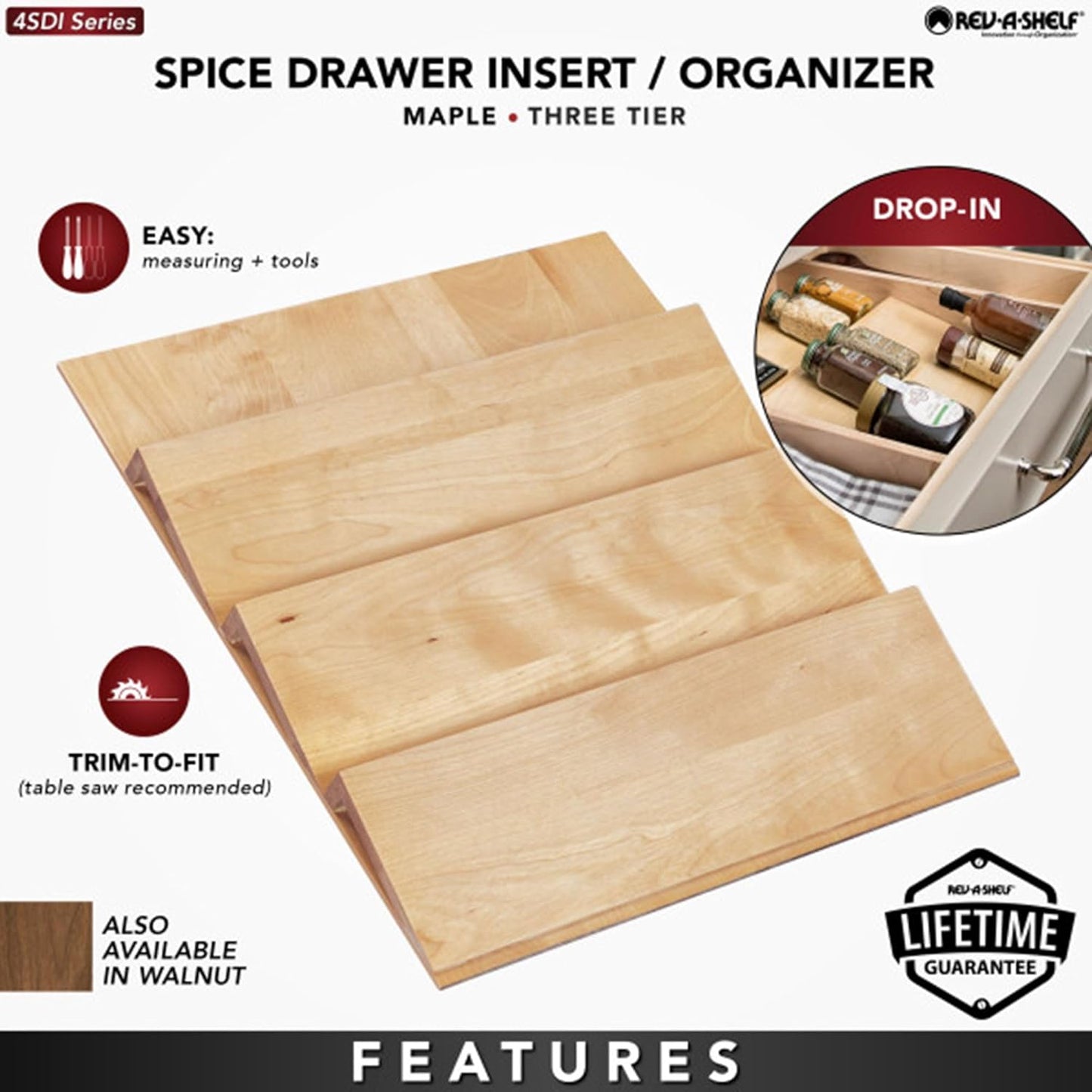 Rev-A-Shelf 16" 3 Tiered Seasoning Organizer, Trim-to-Fit Wooden Kitchen Draw and Cabinet Home Storage Insert, Pull Out Spice Rack, Maple, 4SDI-18
