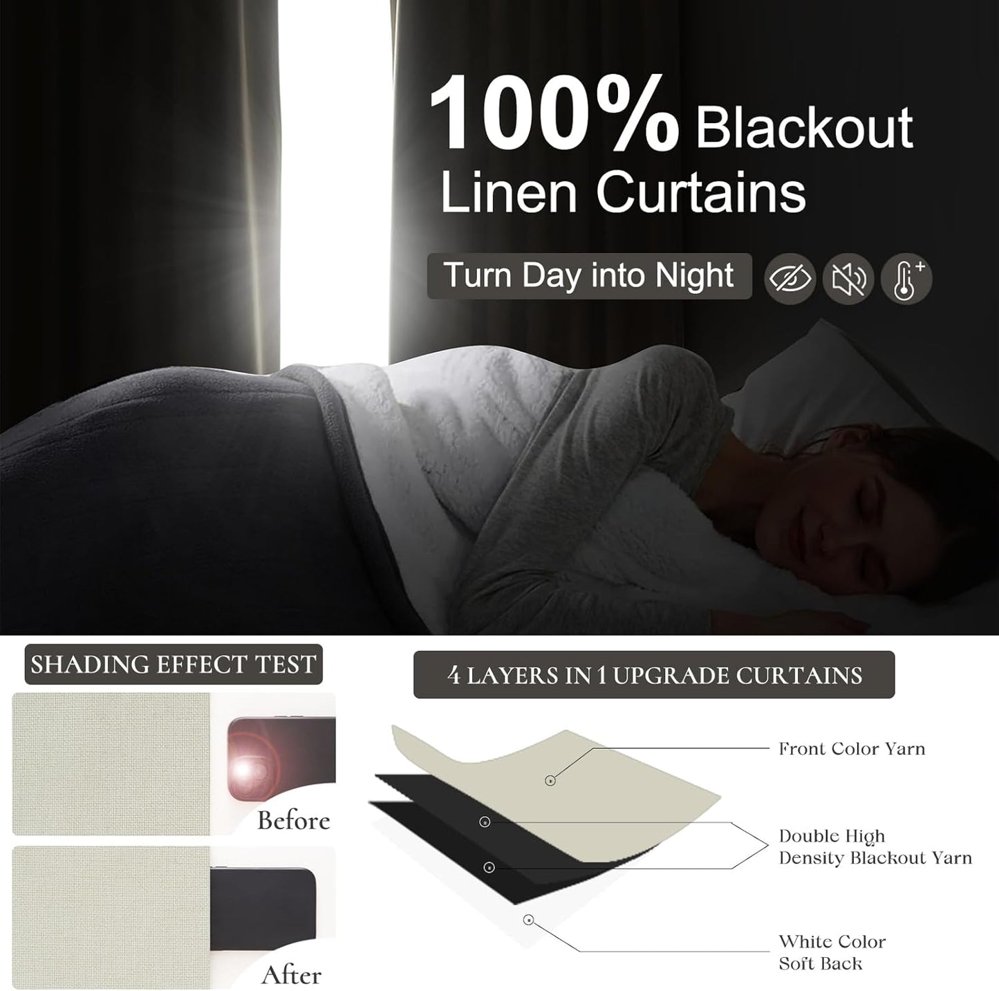 Ivory White Pinch Pleated Complete Blackout Curtains & Drapes 108 Inches Long 2 Panels Set, Flax Linen Room Darkening Soundproof Window Curtains with Hooks Rings for Bedroom Living Room Track System