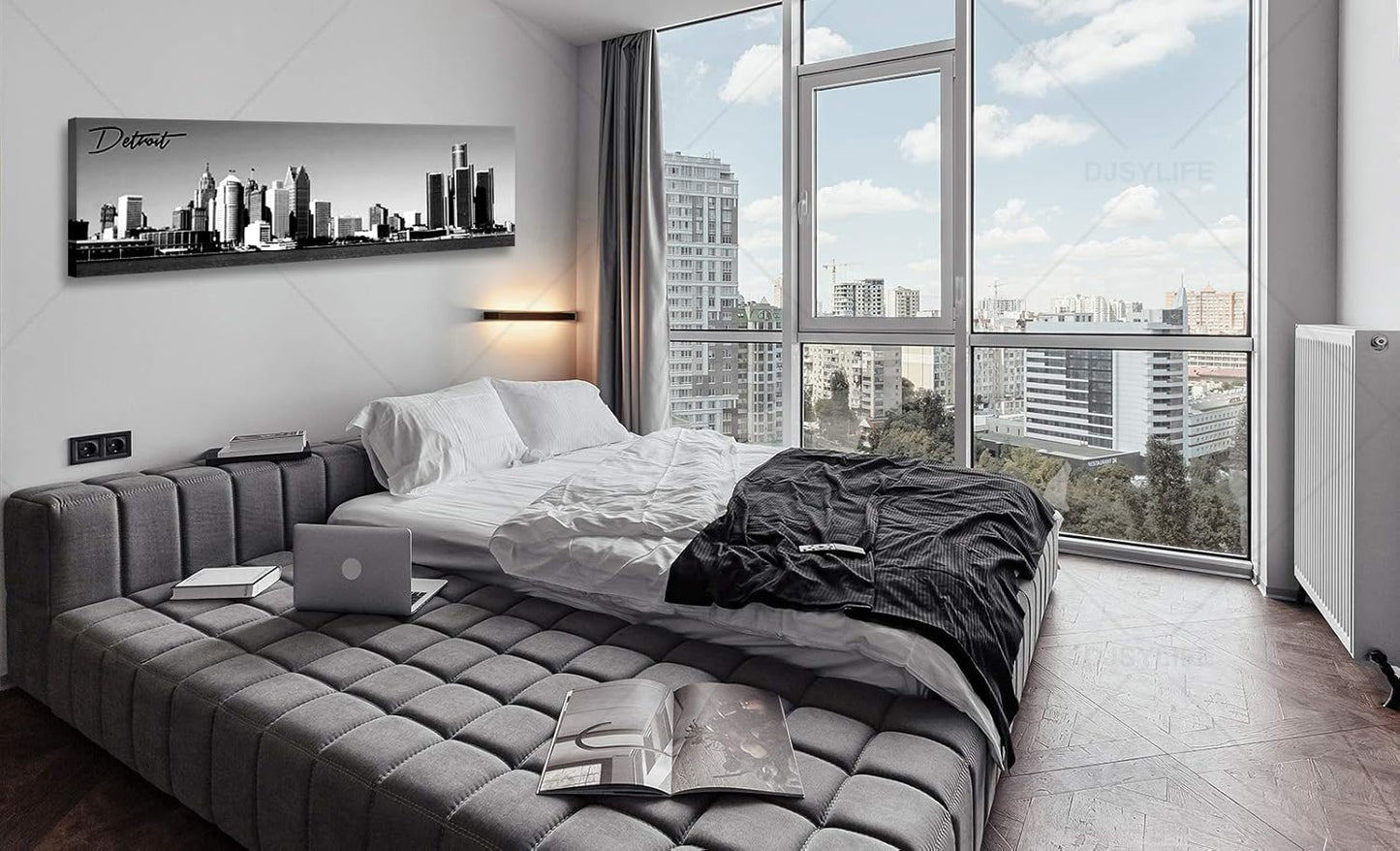 DJSYLIFE Detroit Skyline Wall Art Black and White Canvas Prints USA Skyscraper Panoramic Cityscape Picture for Bedroom Office Home Decoration Ready to Hang 13.8" x 47.3"