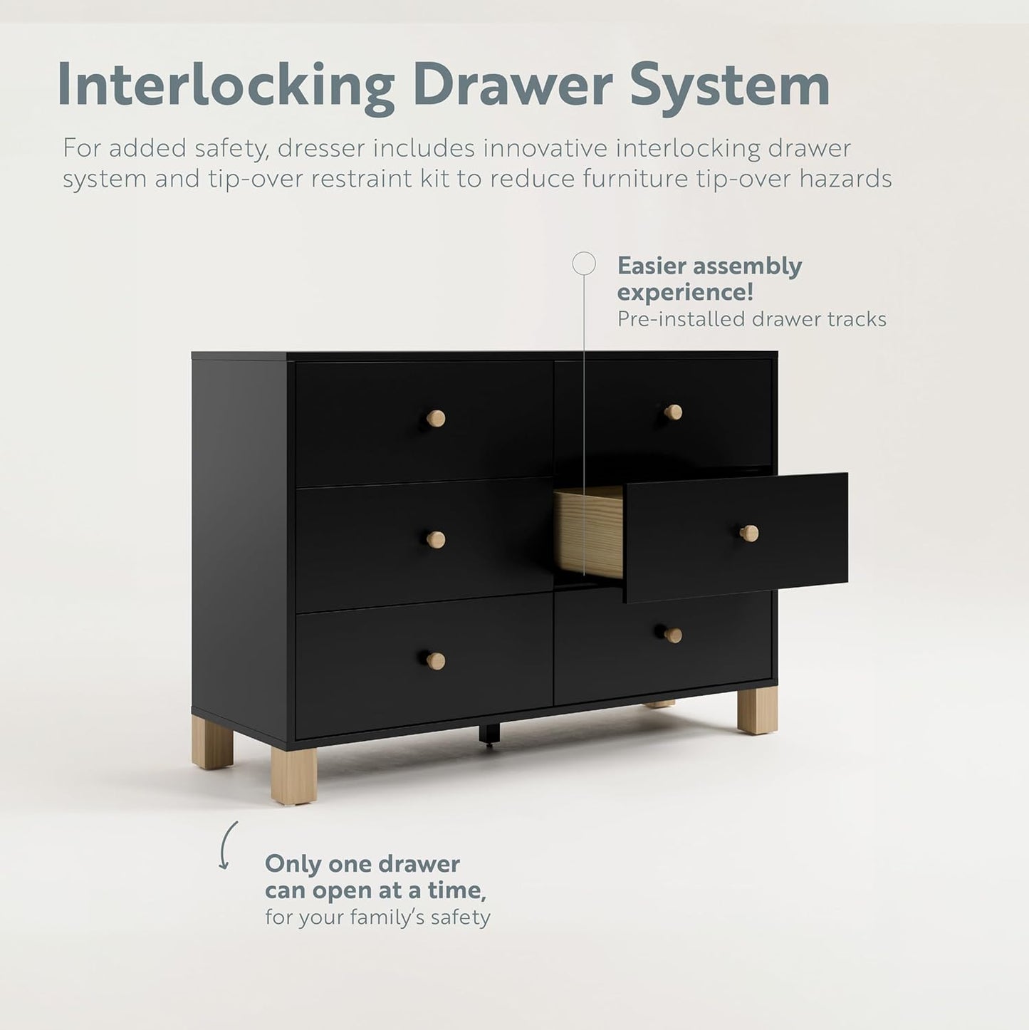 Storkcraft California 6-Drawer Double Dresser (Black with Driftwood) - GREENGUARD Gold Certified, Interlocking Drawer System, Dresser Drawer Organizer for Kids Bedroom