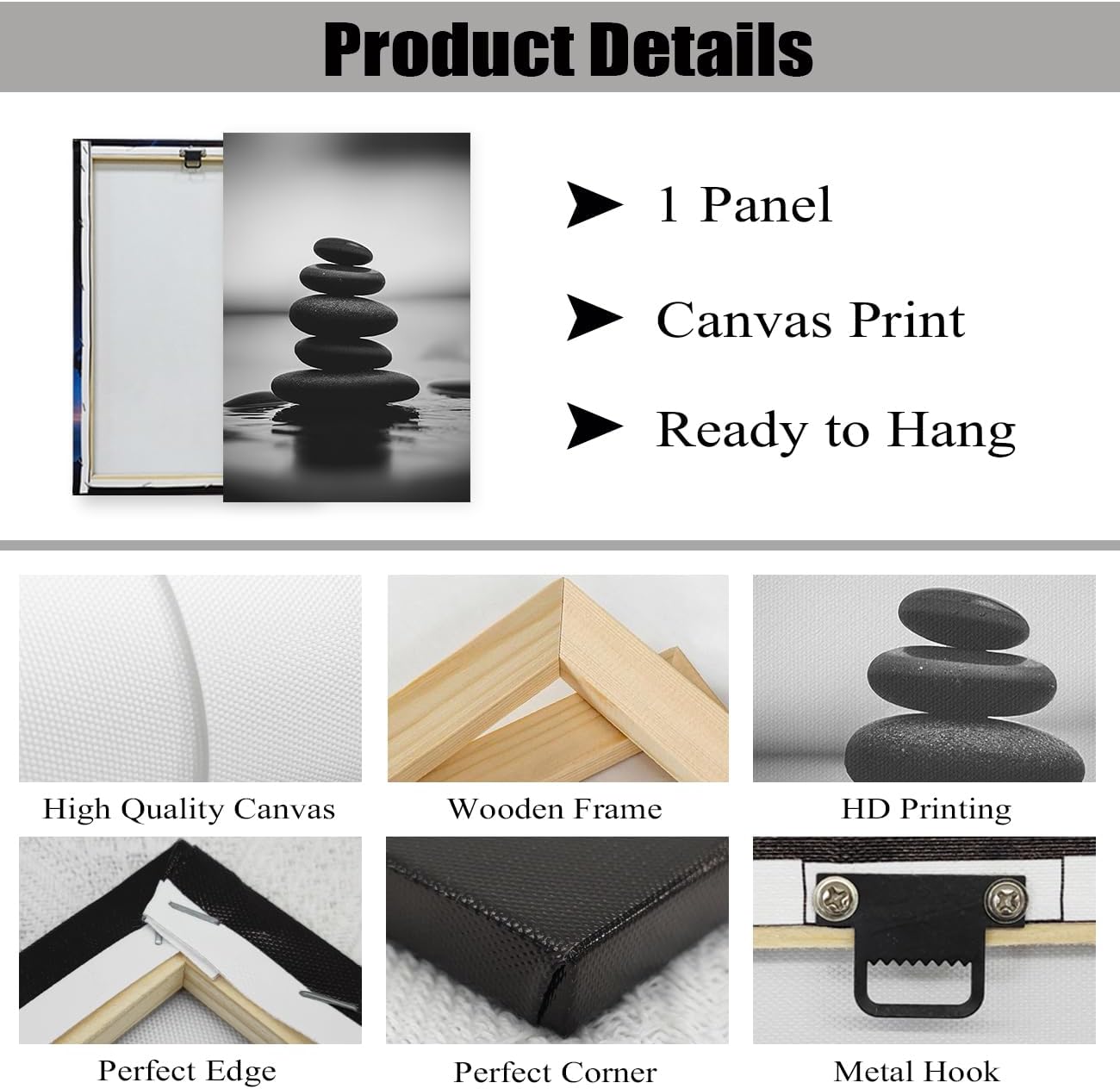 DOARTDO Zen Canvas Wall Art Black and White Zen Stone Picture Print Meditation Relax Spirit Spa Room Bathroom Decor Frame (12.00" x 18.00", Zen Stone - 3)