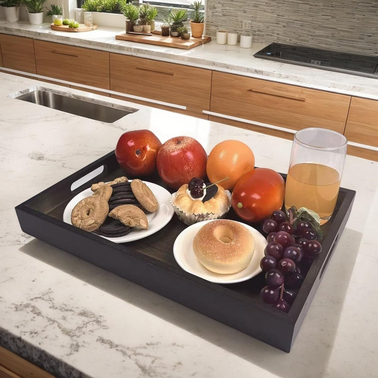 Large Bamboo Wooden Tray with Handles, Rectangular Natural Solid Wood, Black Walnut Color Serving Tray Suitable for Kitchen,Bedroom,Coffee, Party Bars. (14.9x10.2x1.57 inches)