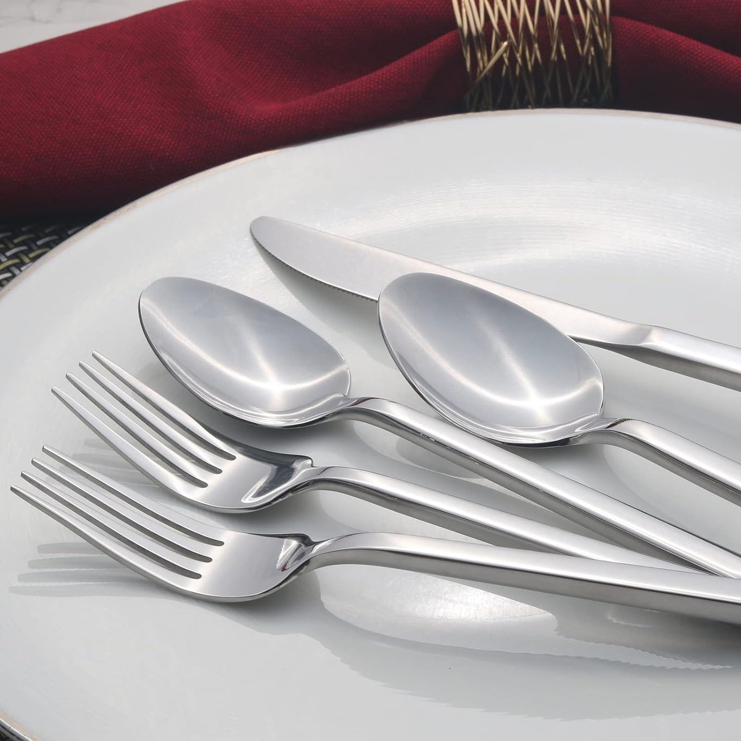 Alata Cube 40-Piece Forged Stainless Steel Flatware Set Cutlery Set, Silverware Set Service for 8, Mirror Finish, Dishwasher Safe