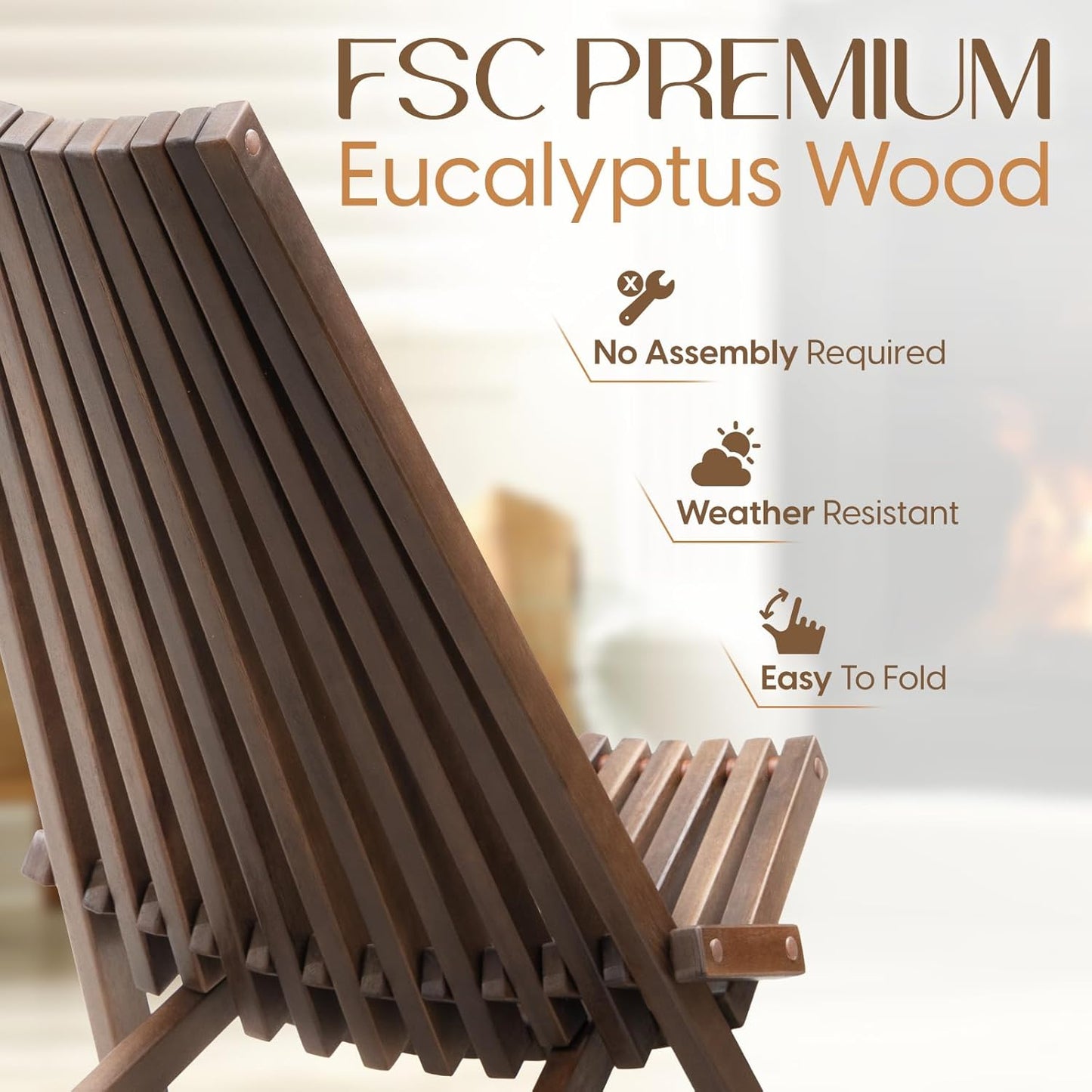 IDZO Elina FSC Eucalyptus Tamarack Chair, 300Lbs Capacity Modern Adirondack Style, Wooden Folding Seat, for Fire Pit Outdoor & Indoor - Cinnamon, Single
