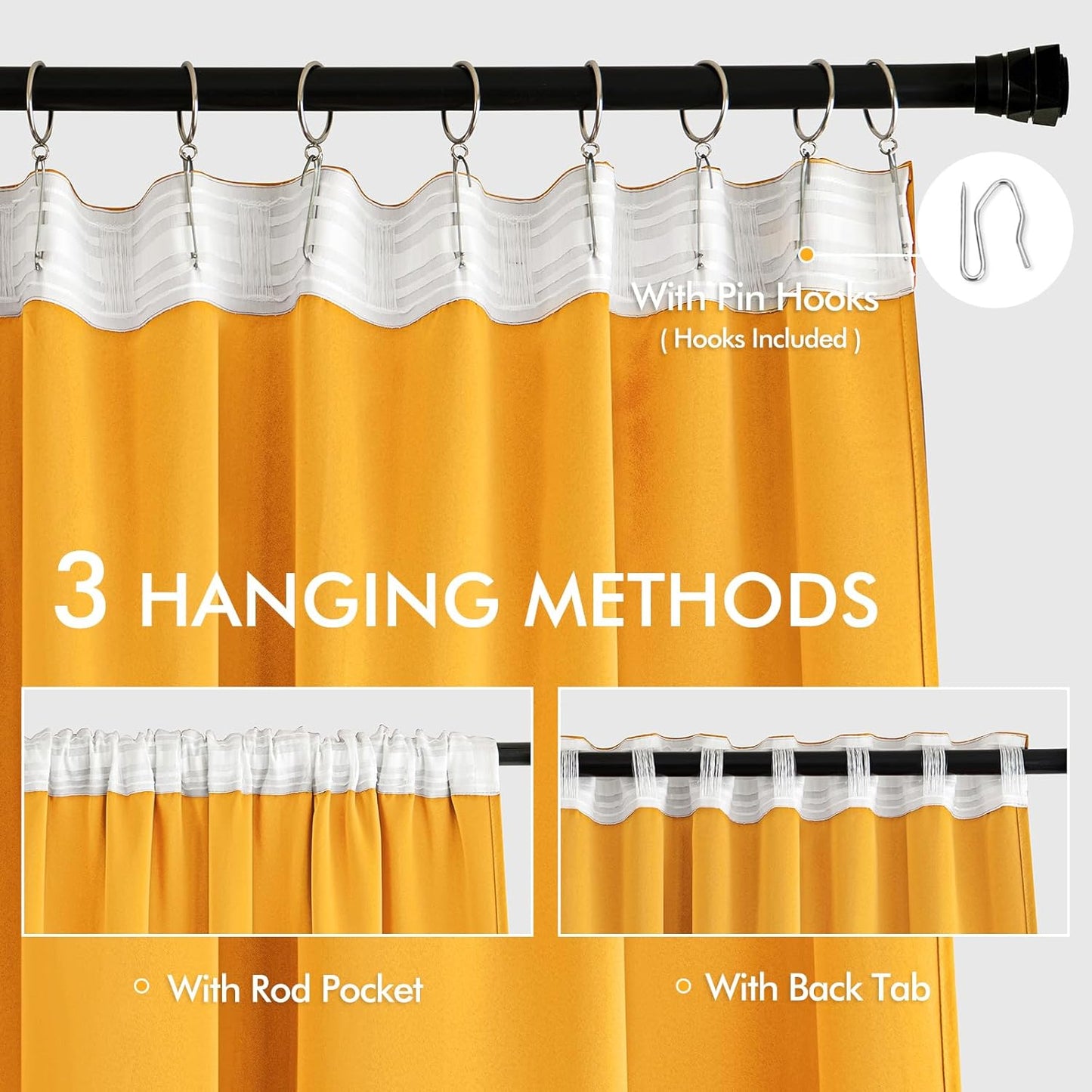 MIULEE Yellow Back Tab Blackout Curtains 102 Inch Long 2 Panels Set for Bedroom, Rod Pocket/Pinch Pleated Thermal Insulated Living Room Darkening Light Blocking Floor to Ceiling Drapes