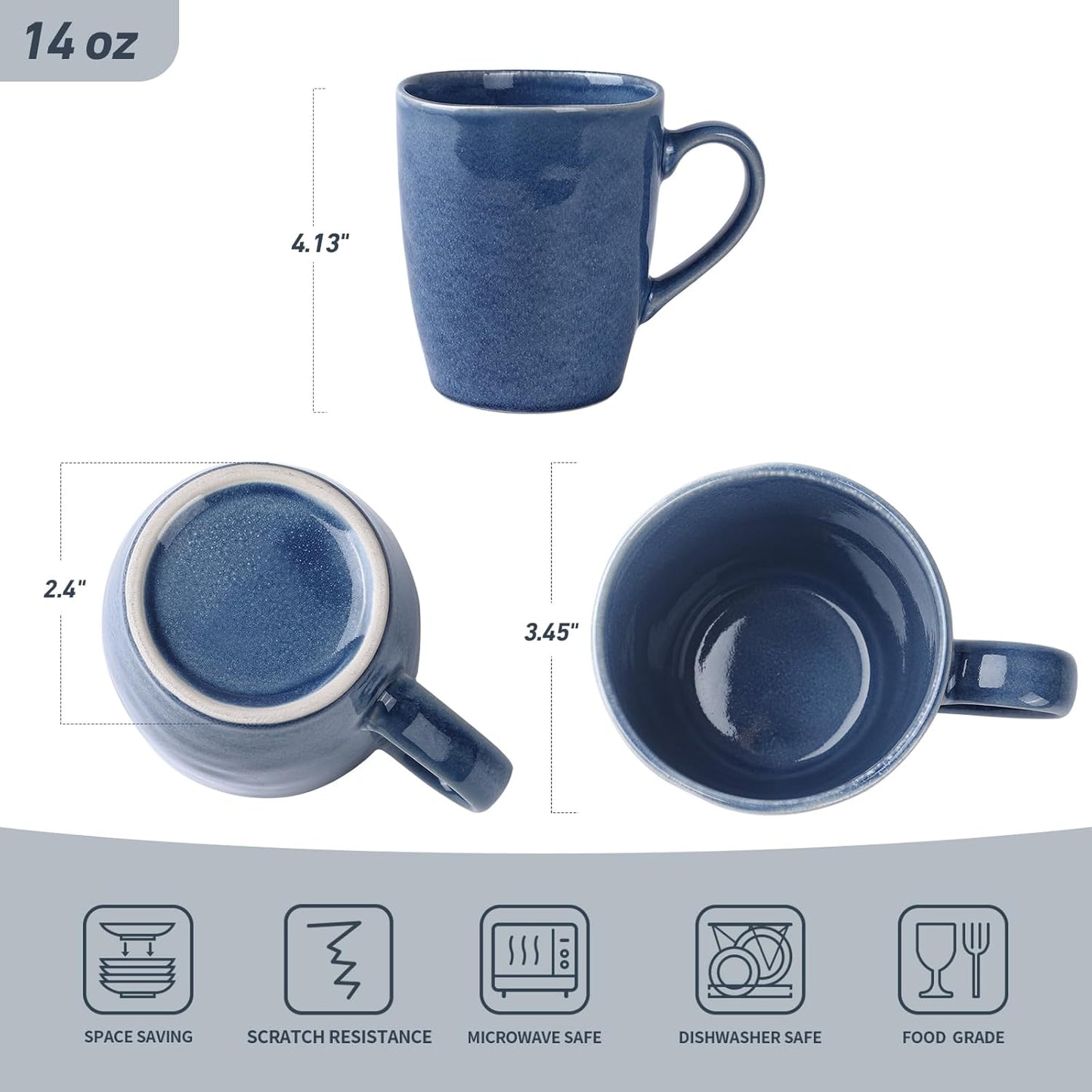 famiware Aurora Coffee Mugs, 14oz Mug Set of 4, Stoneware Mug, Cups for Kitchen, Cappuccino, Latte, Reactive Glaze, Microwave Safe, Scractch-resistant, Lagoon Blue